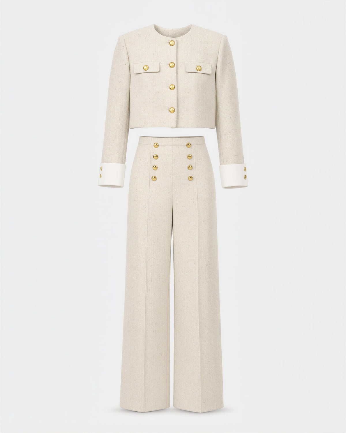 Petra Tweed Cropped Jacket and Trouser Set, Cream, cream, product view without a model