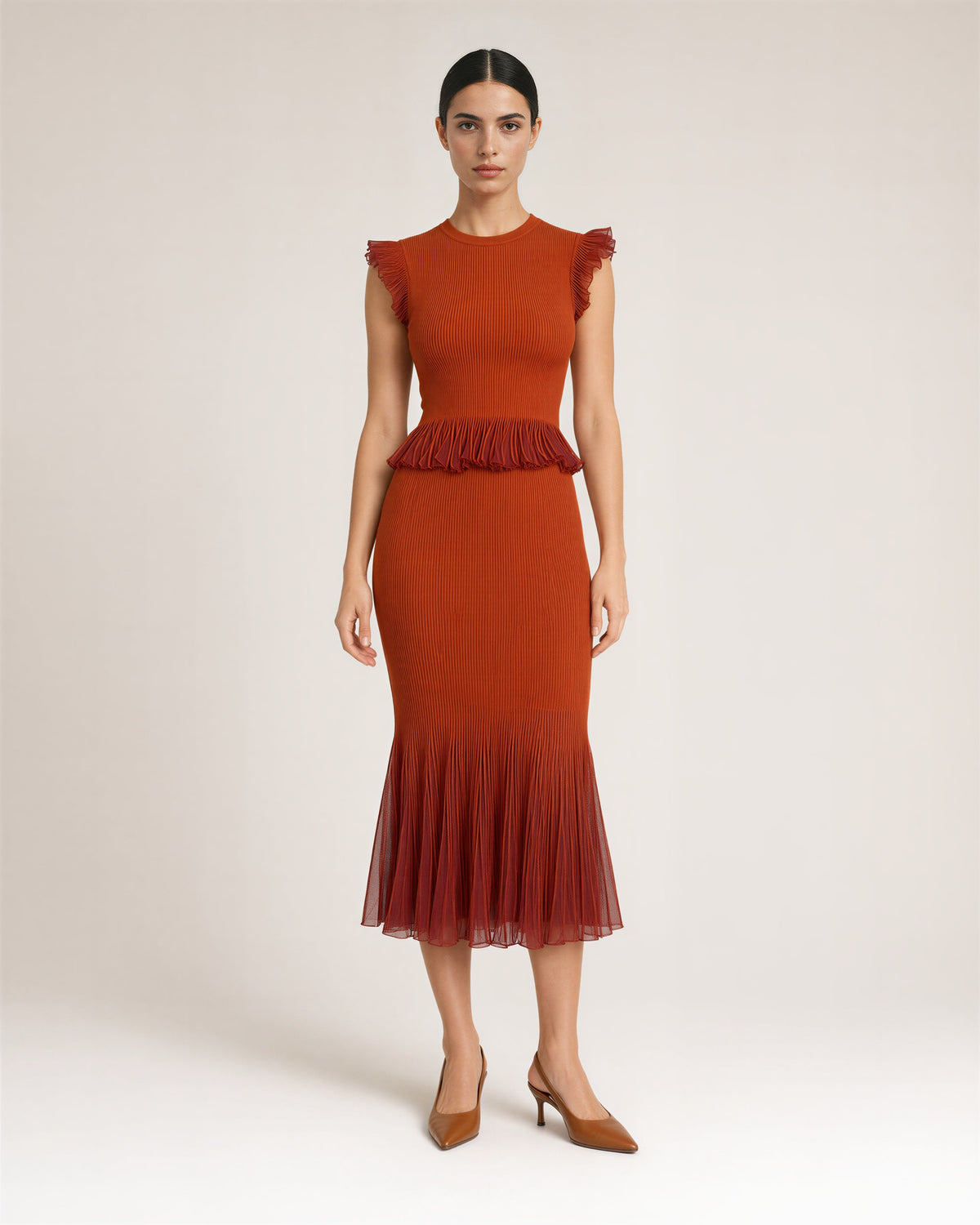 Pia Ruffled Knit Blouse and Fishtail Skirt Set, terracotta, full length front view