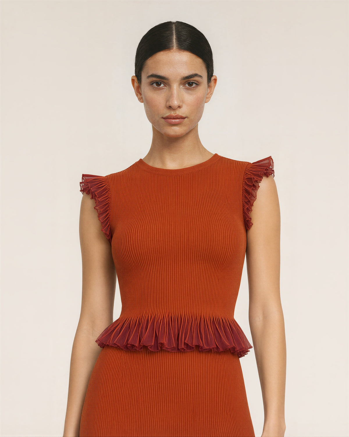 Pia Ruffled Knit Blouse and Fishtail Skirt Set, terracotta, close up above the waist