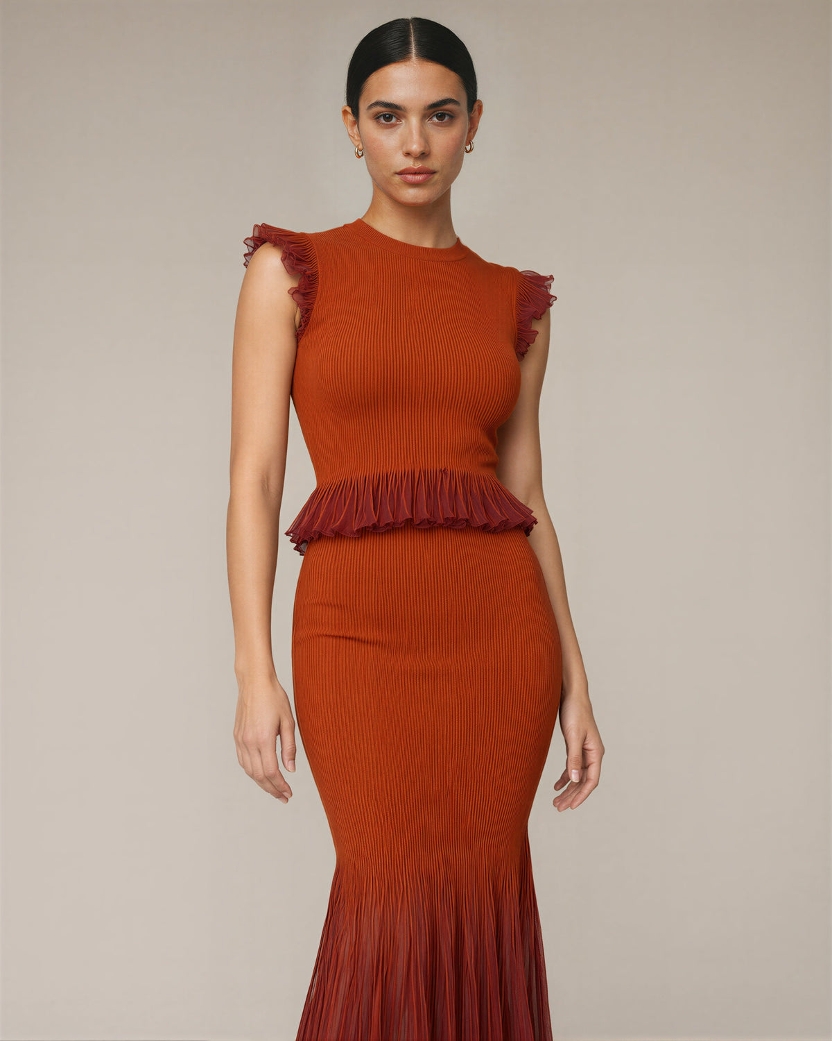 Pia Ruffled Knit Blouse and Fishtail Skirt Set, terracotta, three quarter view