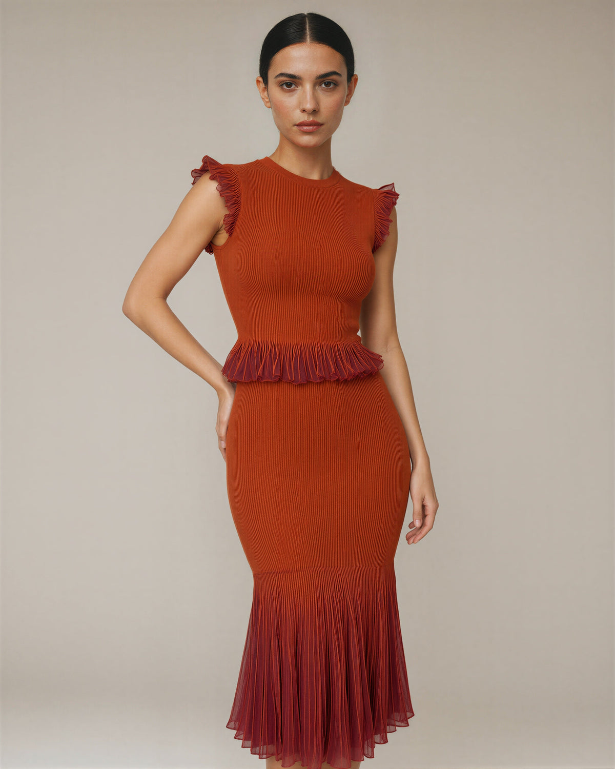 Pia Ruffled Knit Blouse and Fishtail Skirt Set, terracotta, front, hands on the waist