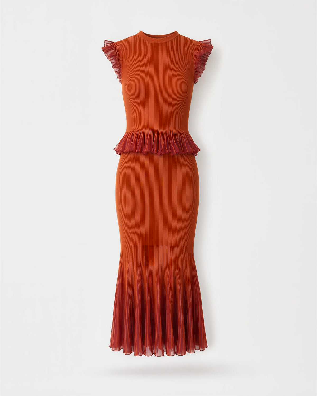 Pia Ruffled Knit Blouse and Fishtail Skirt Set, terracotta, product view without a model
