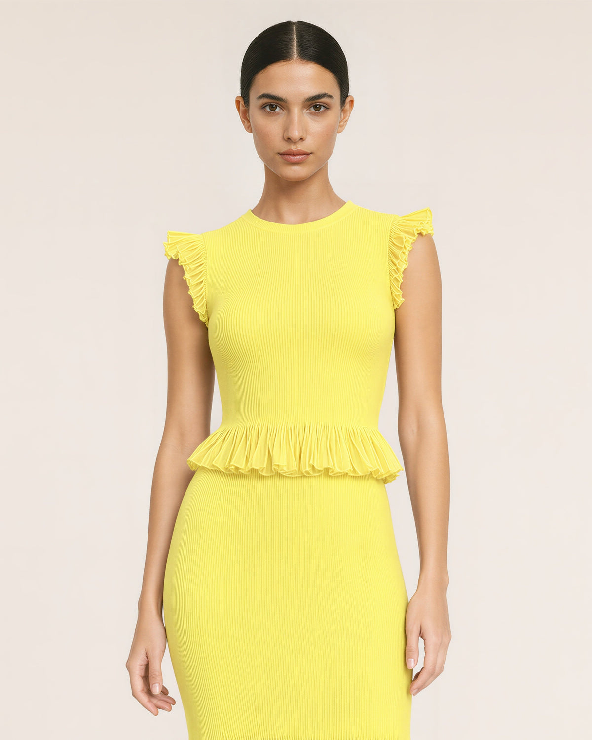 Pia Ruffled Knit Blouse and Fishtail Skirt Set, yellow color option