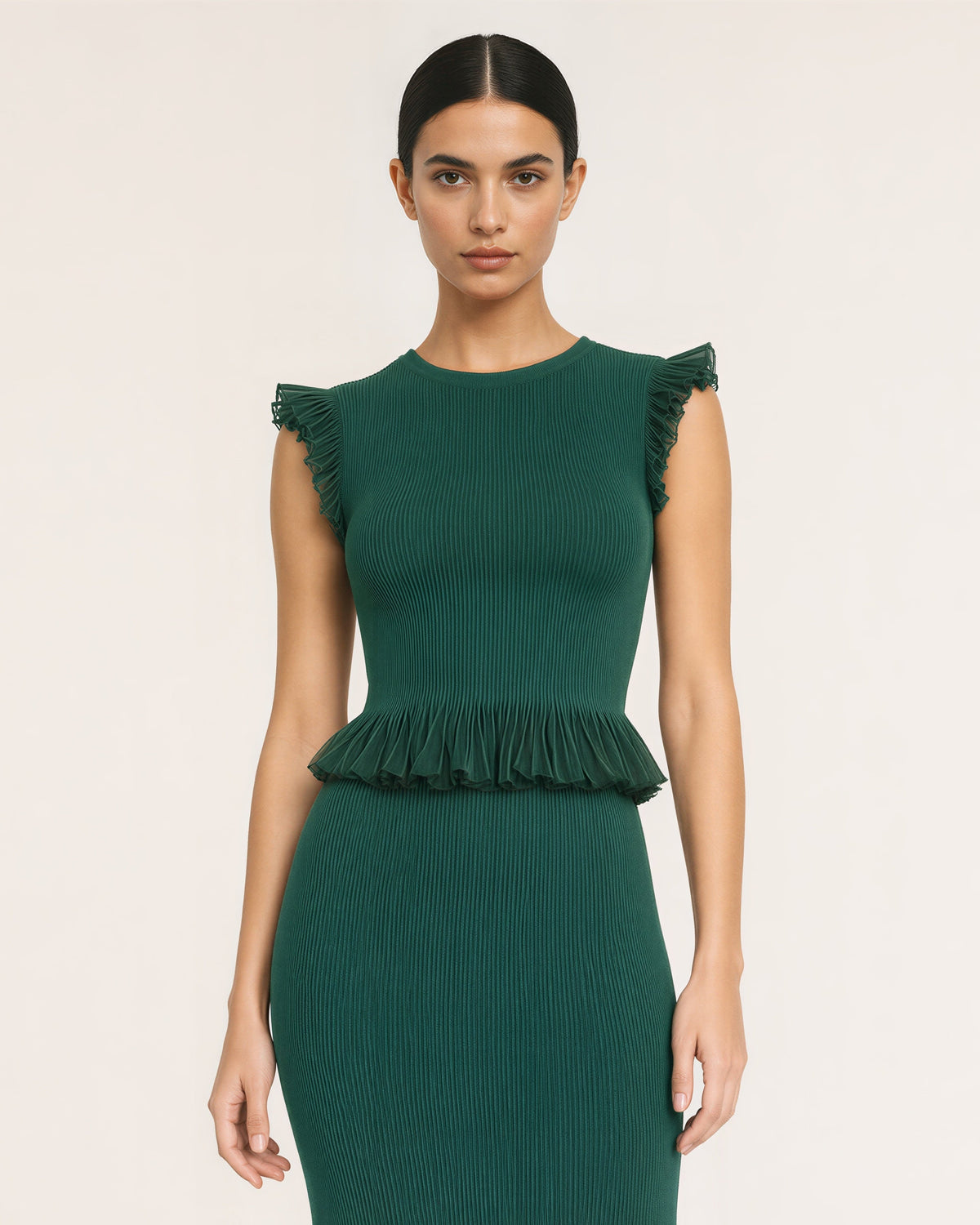 Pia Ruffled Knit Blouse and Fishtail Skirt Set, dark green color option