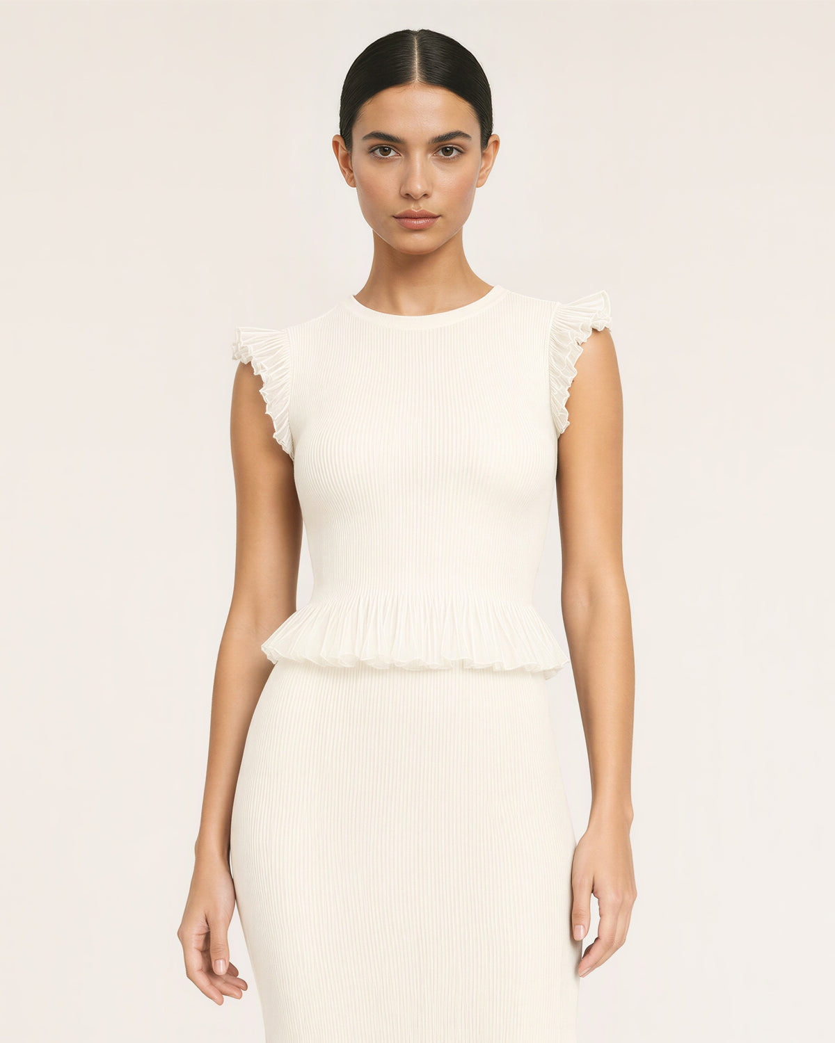 Pia Ruffled Knit Blouse and Fishtail Skirt Set, off white color option