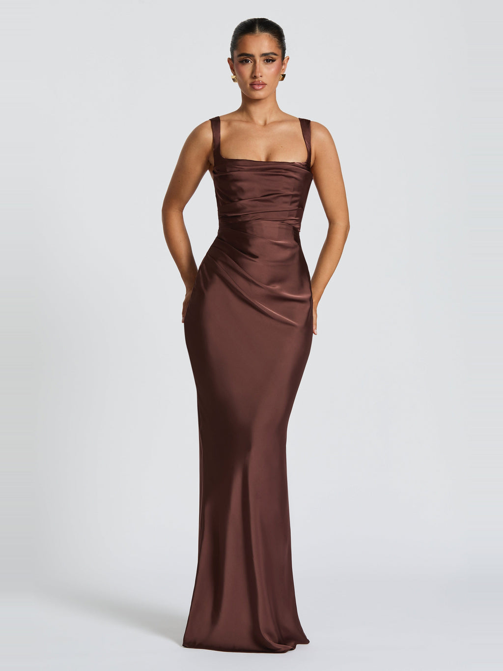 Livia Square Neck Corset Satin Maxi Dress in Brown — Svelte Chic