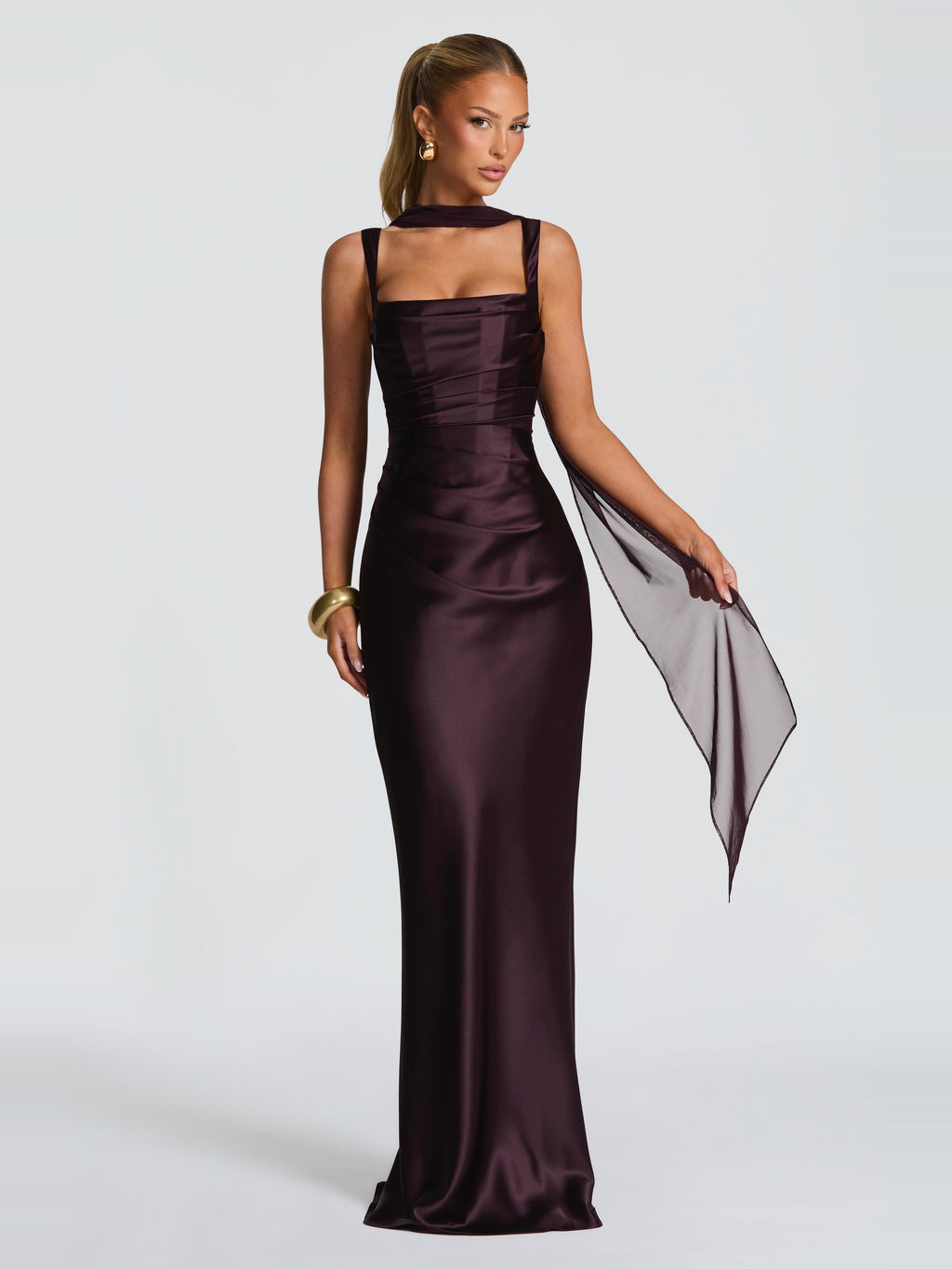 Livia Square Neck Corset Satin Maxi Dress in Burgundy — Svelte Chic
