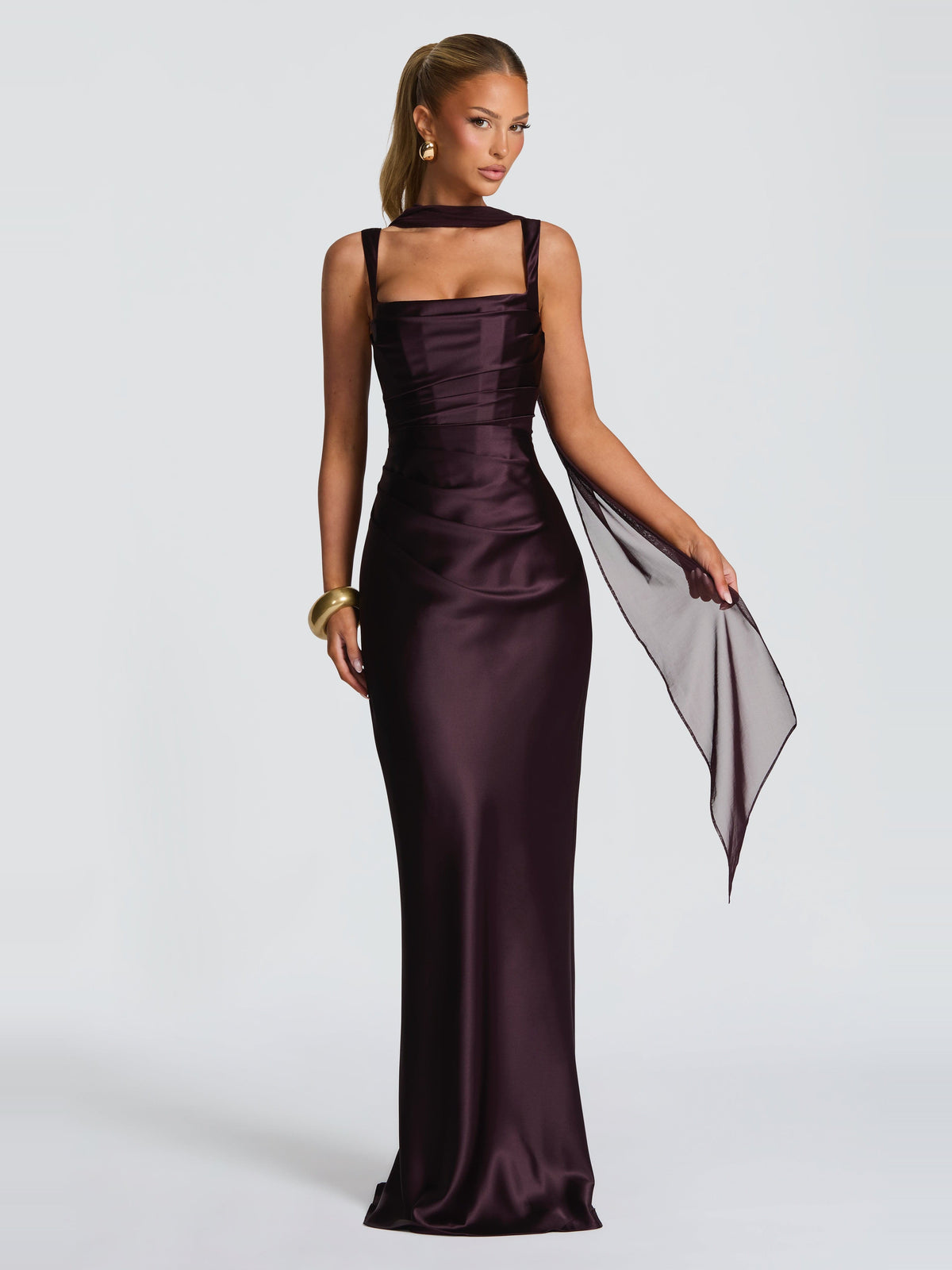 Livia Square Neck Corset Satin Maxi Dress in Burgundy — Svelte Chic