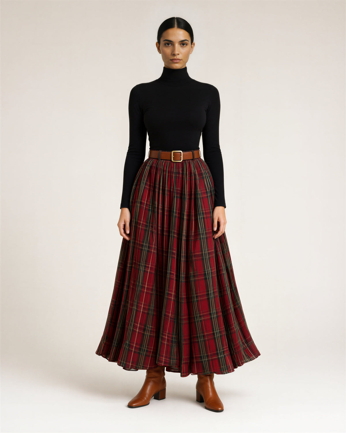 Rachele Check Elasticated Waist Flared Maxi Skirt, red check, full length front view