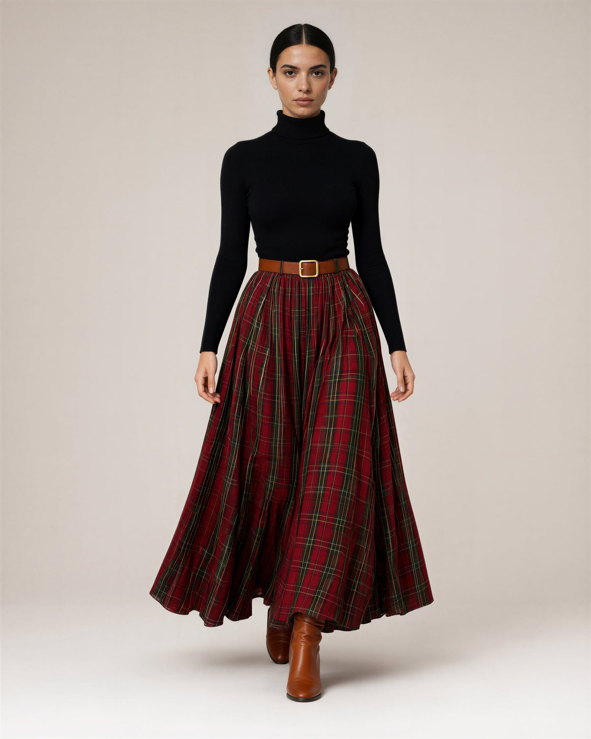 Rachele Check Elasticated Waist Flared Maxi Skirt, red check, full length walking view