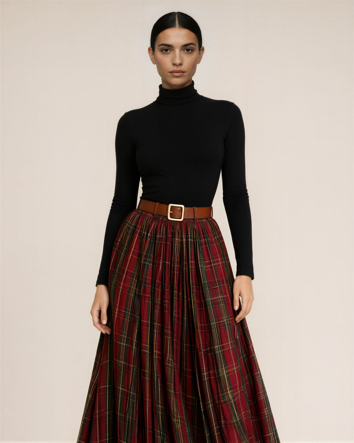 Rachele Check Elasticated Waist Flared Maxi Skirt, red check, front view