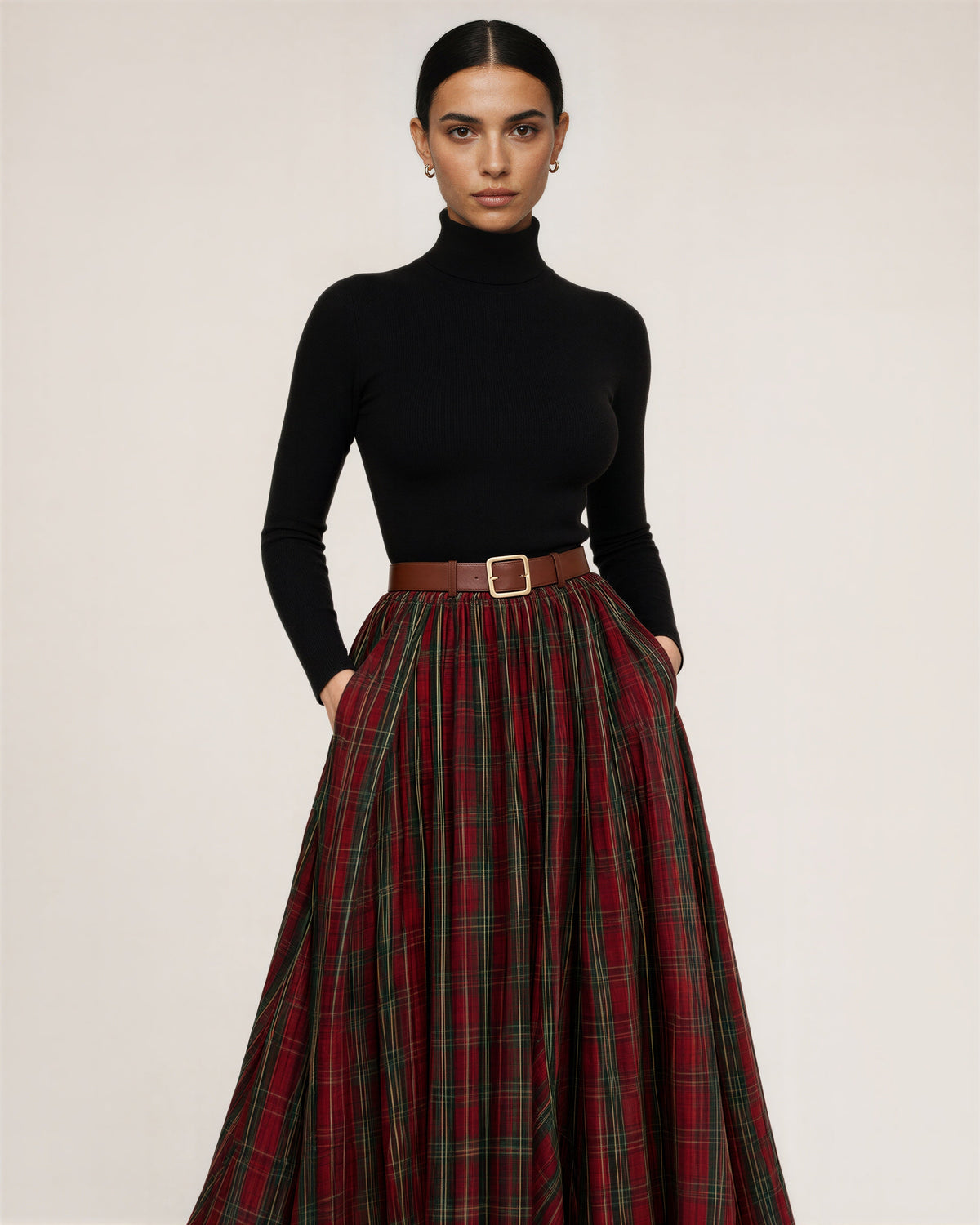 Rachele Check Elasticated Waist Flared Maxi Skirt, red check, front, hands in pockets
