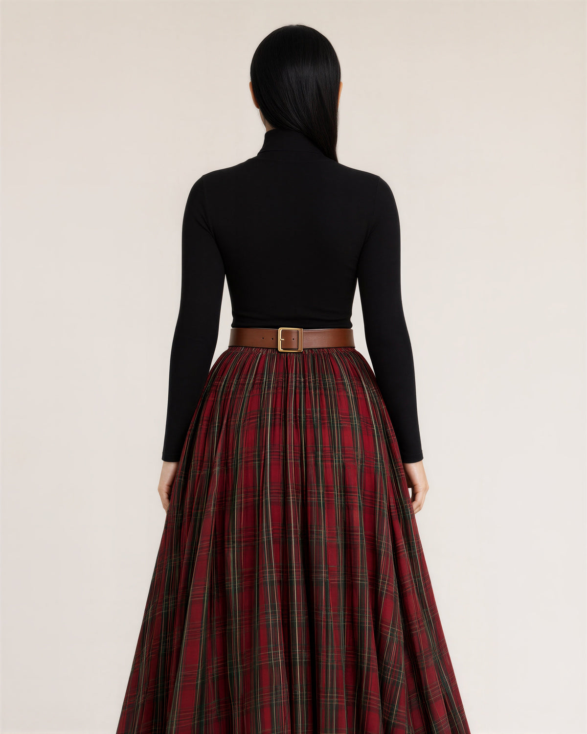 Rachele Check Elasticated Waist Flared Maxi Skirt, red check, back view