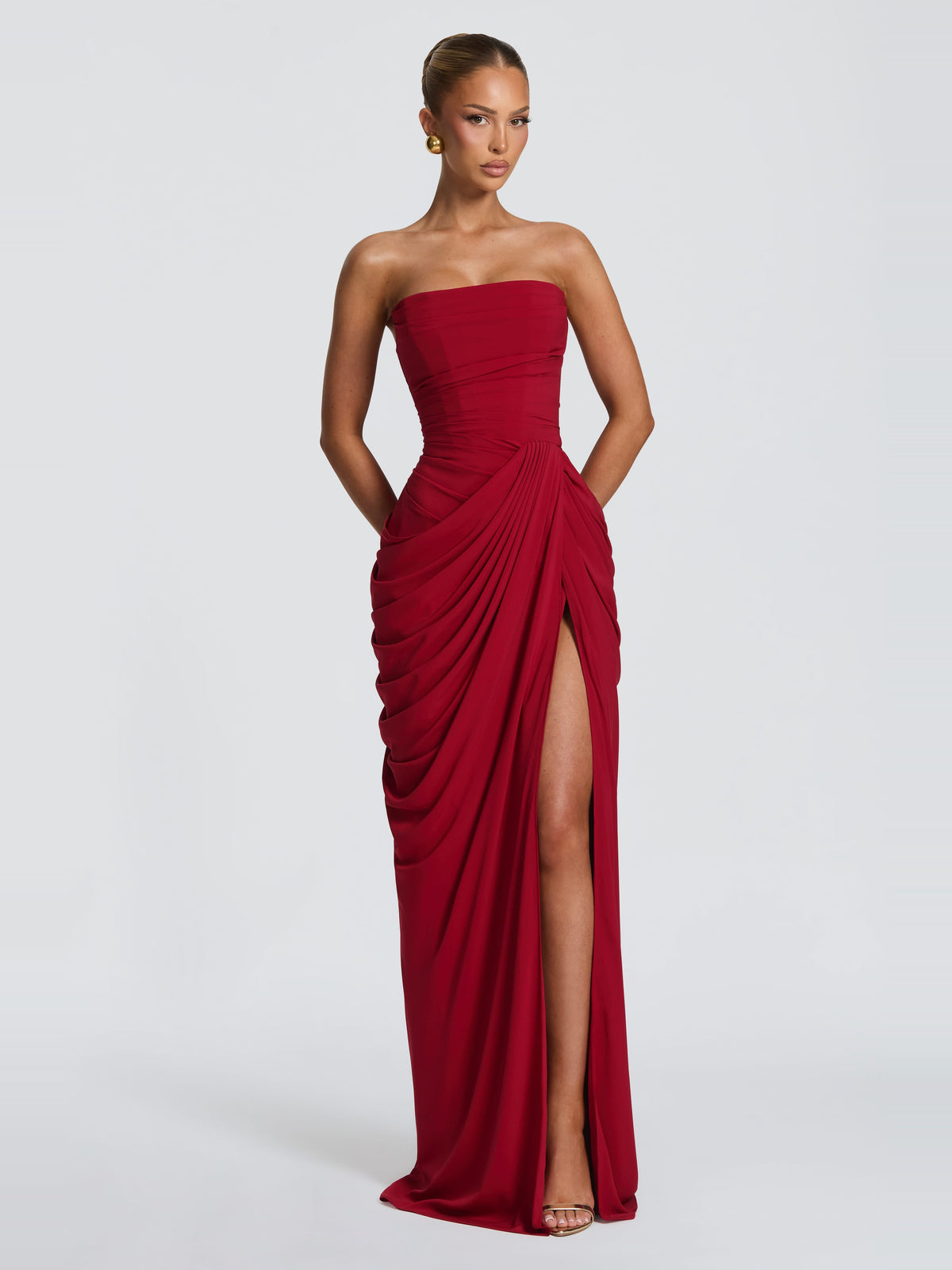 Soleil Corset Detail Maxi Dress in Dark Red — Svelte Chic