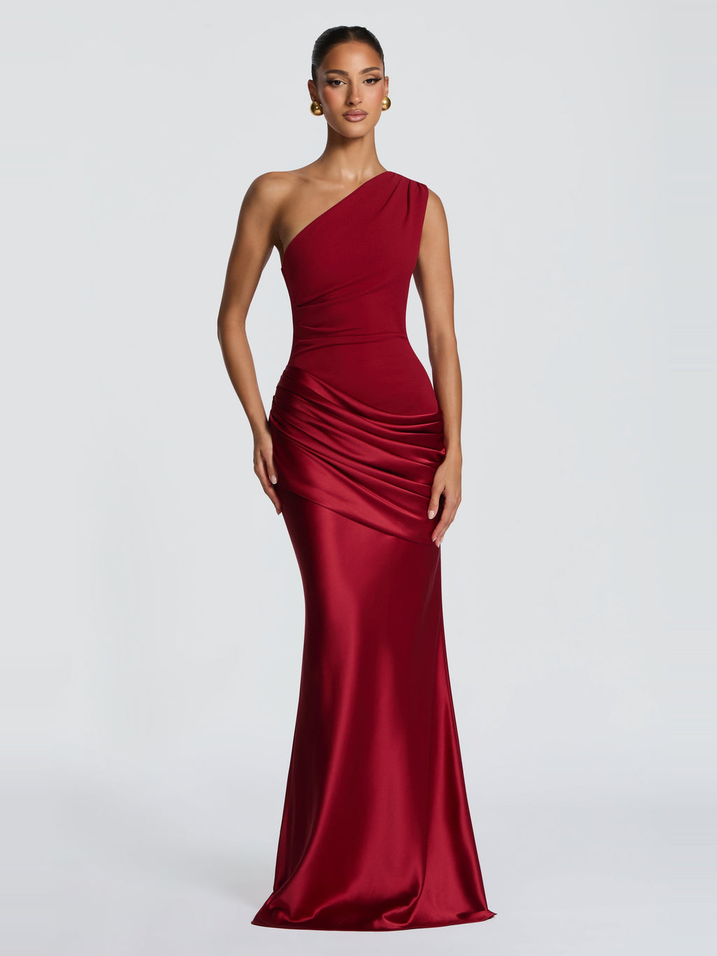 Sadona One Shoulder Maxi Dress in Dark Red — Svelte Chic