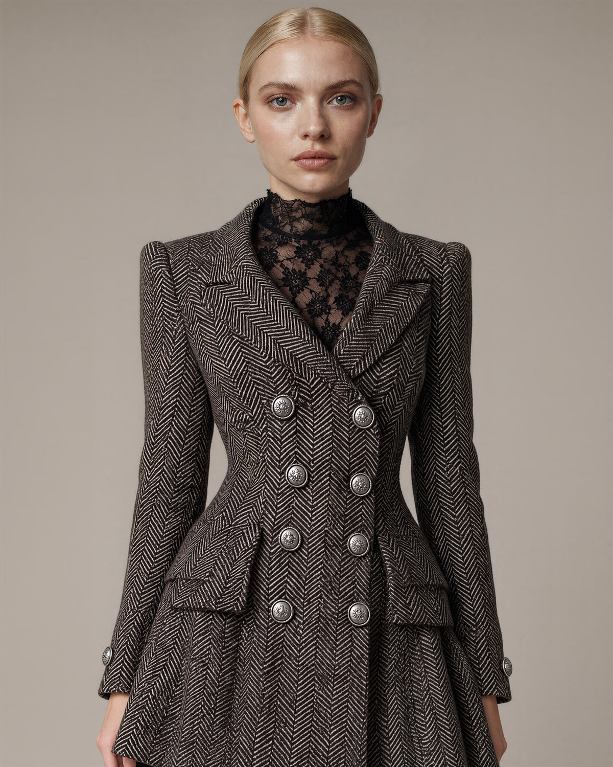 Regina Herringbone Double Breasted Blazer Mini Dress, brown ecru, close up above the waist