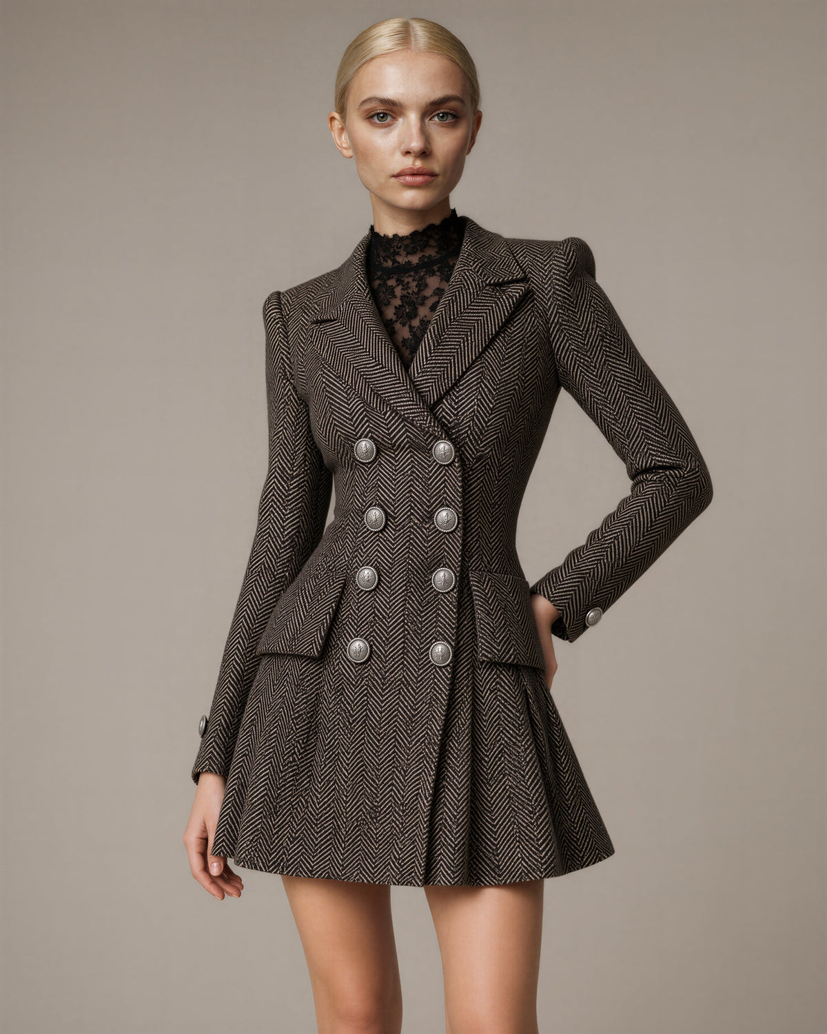 Regina Herringbone Double Breasted Blazer Mini Dress, brown ecru, front, hands on the waist
