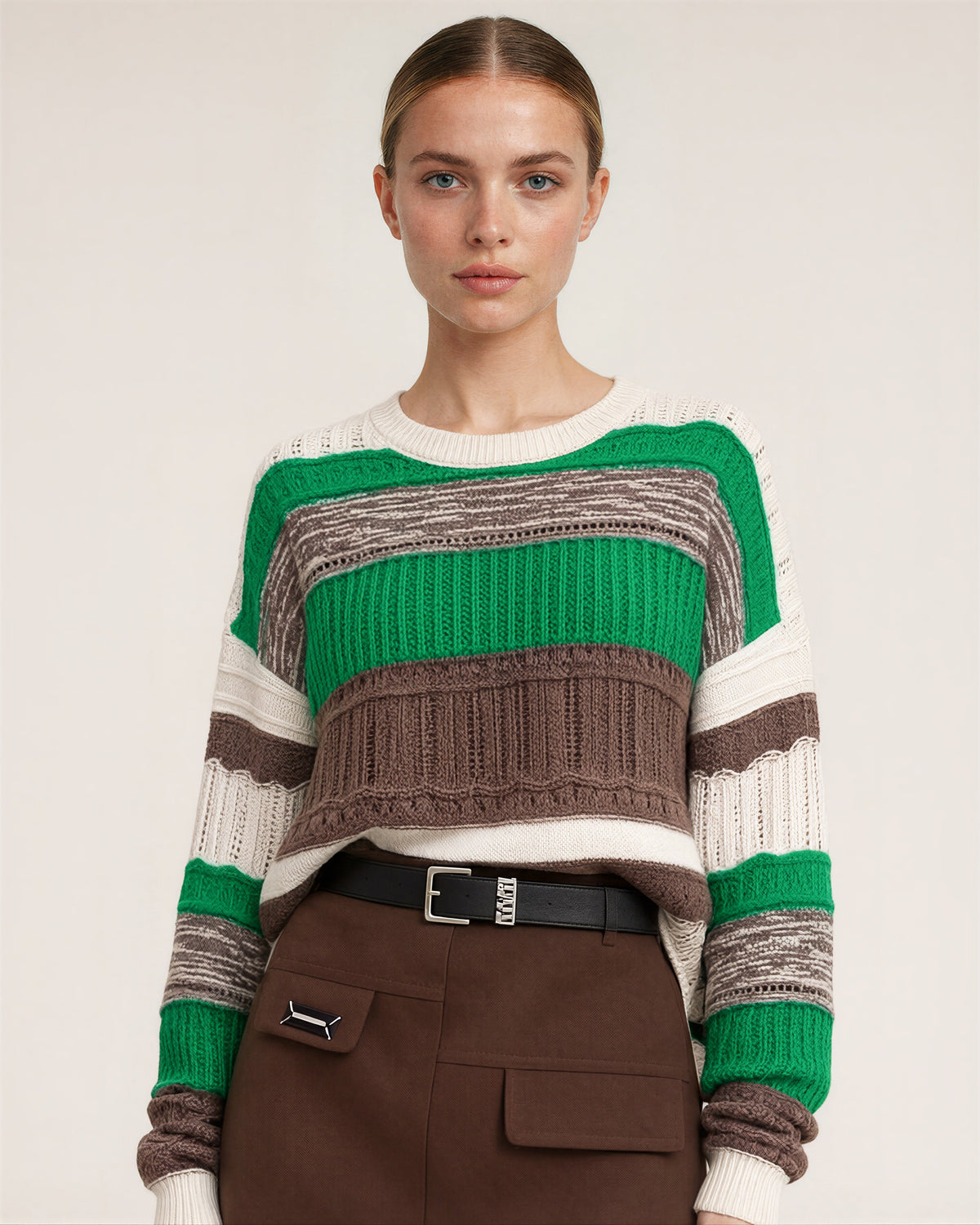 Romina Striped Sweater and Melton Mini Skirt Set, green brown, close up above the waist