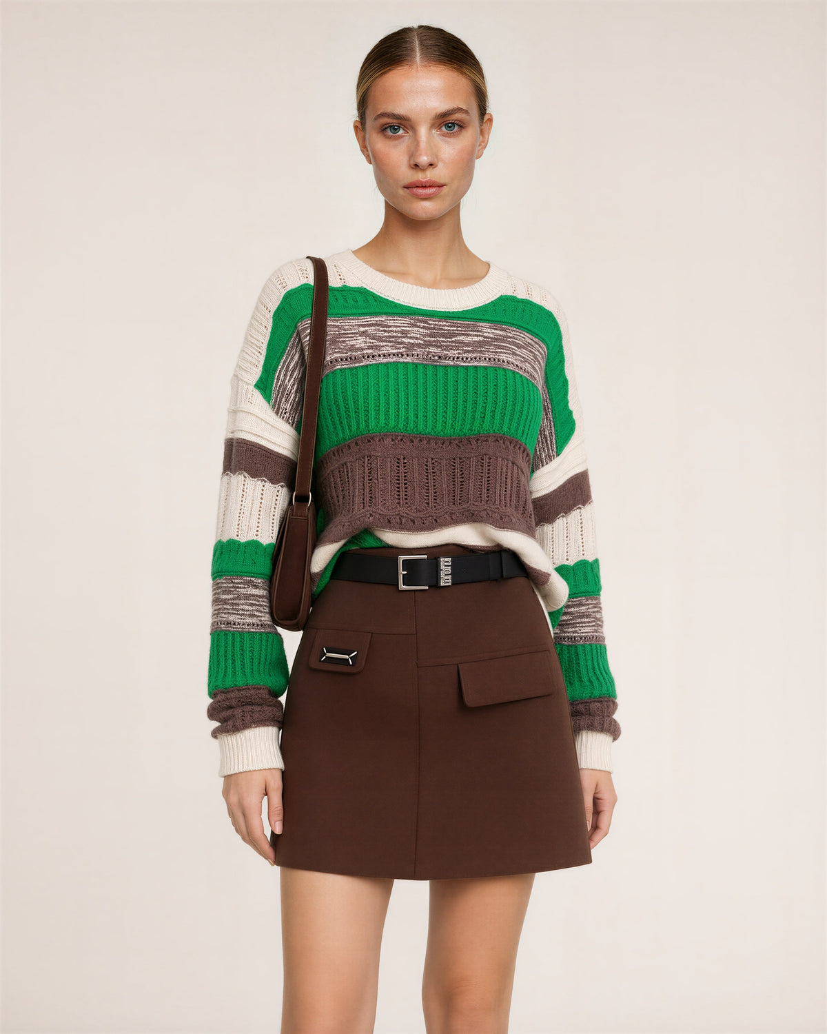 Romina Striped Sweater and Melton Mini Skirt Set, green brown, three quarter view