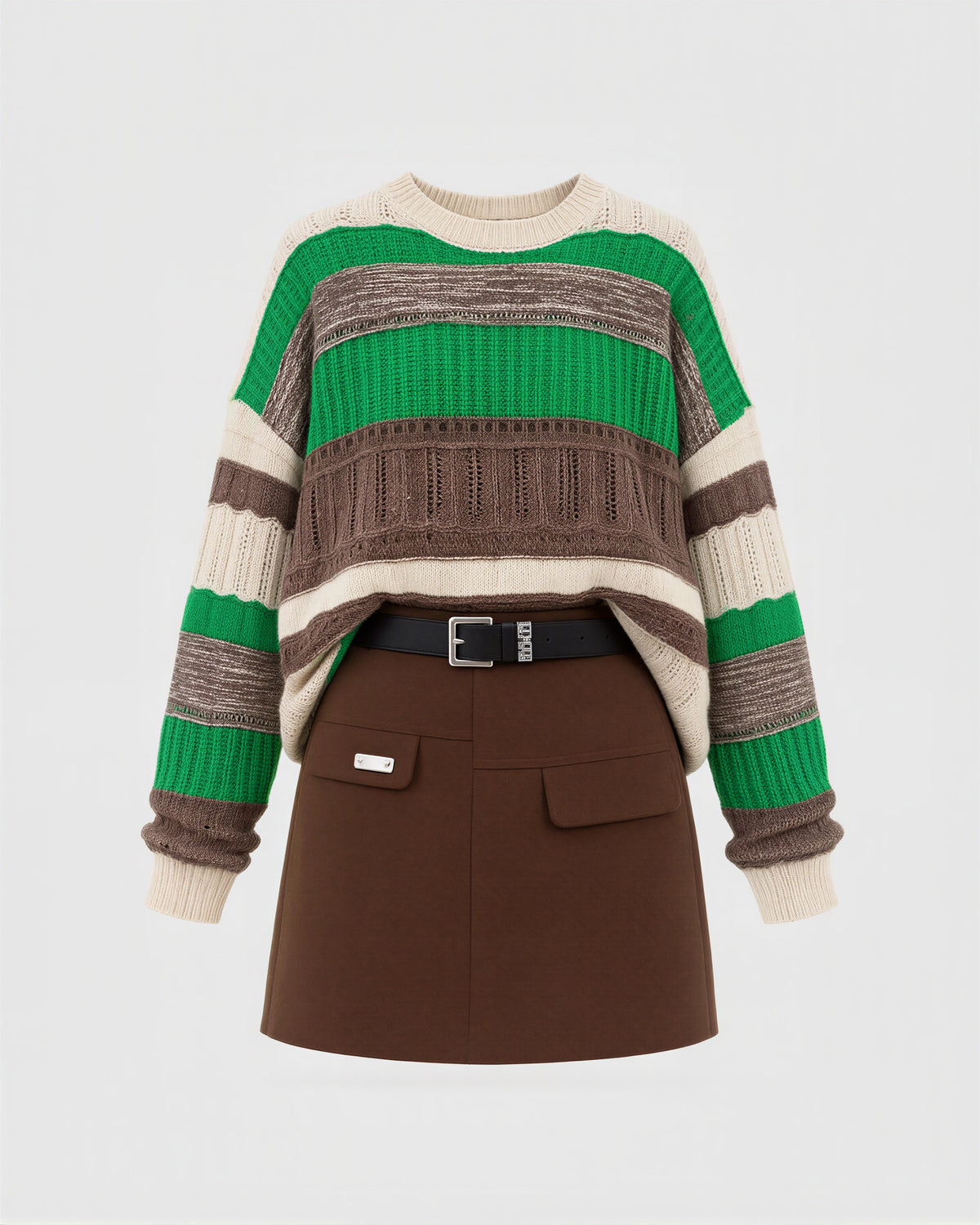 Romina Striped Sweater and Melton Mini Skirt Set, green brown, product view without a model