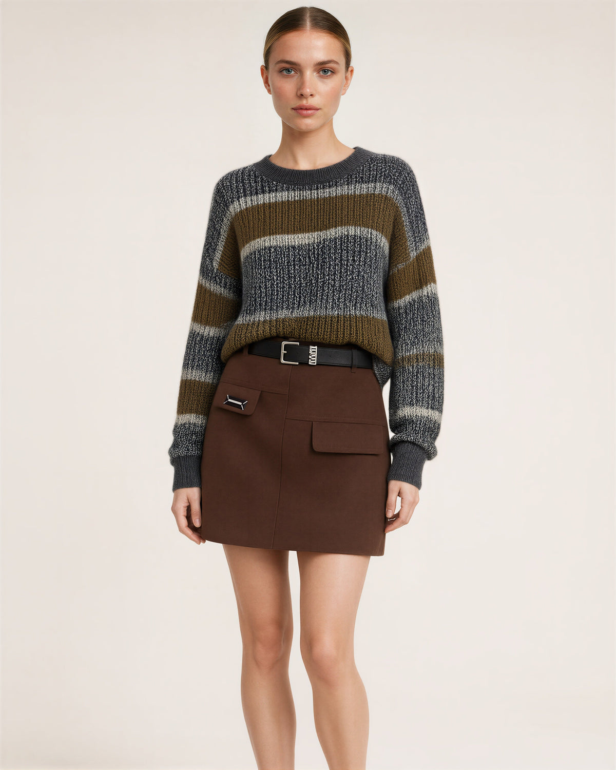 Romina Striped Sweater and Melton Mini Skirt Set, black grey color option