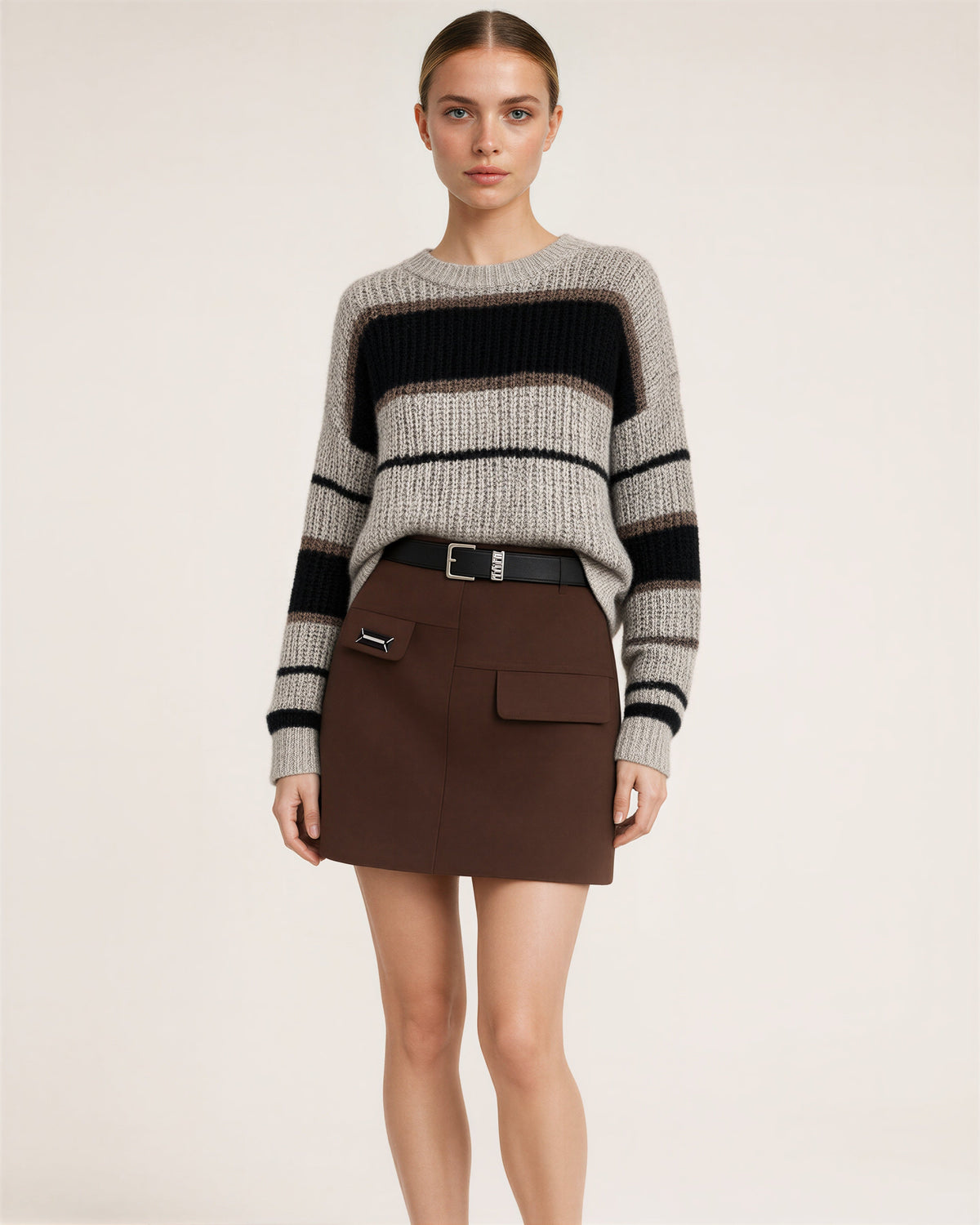 Romina Striped Sweater and Melton Mini Skirt Set, light grey color option