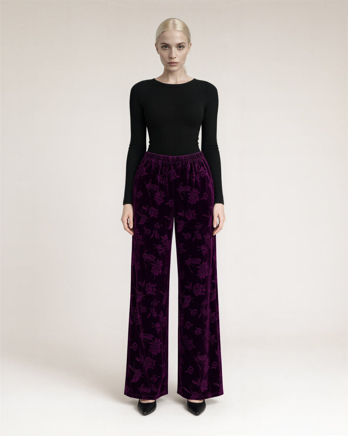 Rosa Floral Jacquard Velvet Wide Leg Trousers, plum, full length front view