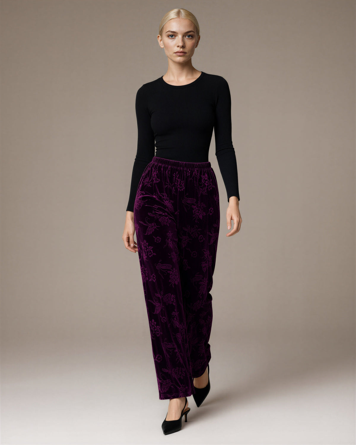 Rosa Floral Jacquard Velvet Wide Leg Trousers, plum, full length walking view