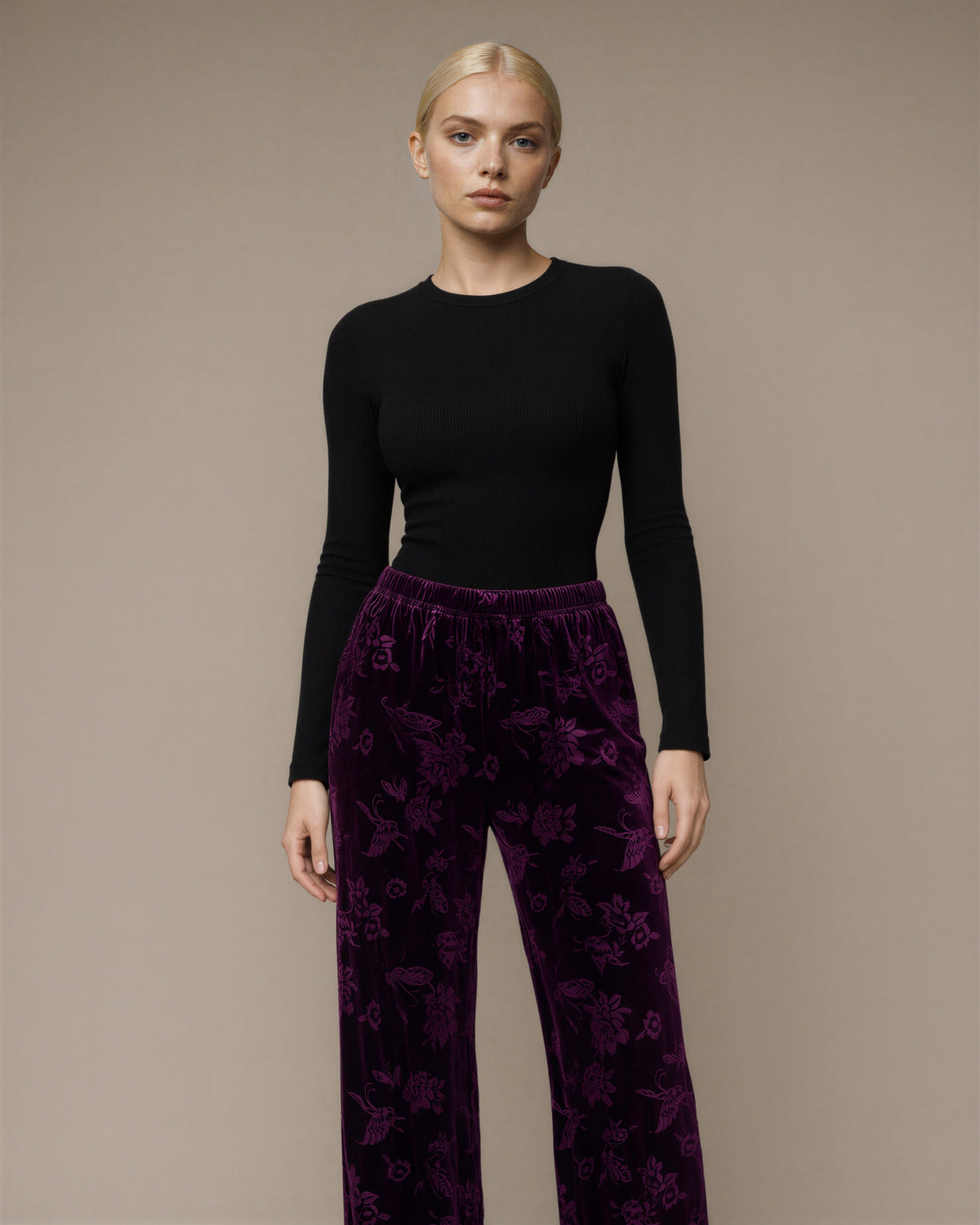 Rosa Floral Jacquard Velvet Wide Leg Trousers, plum, front view