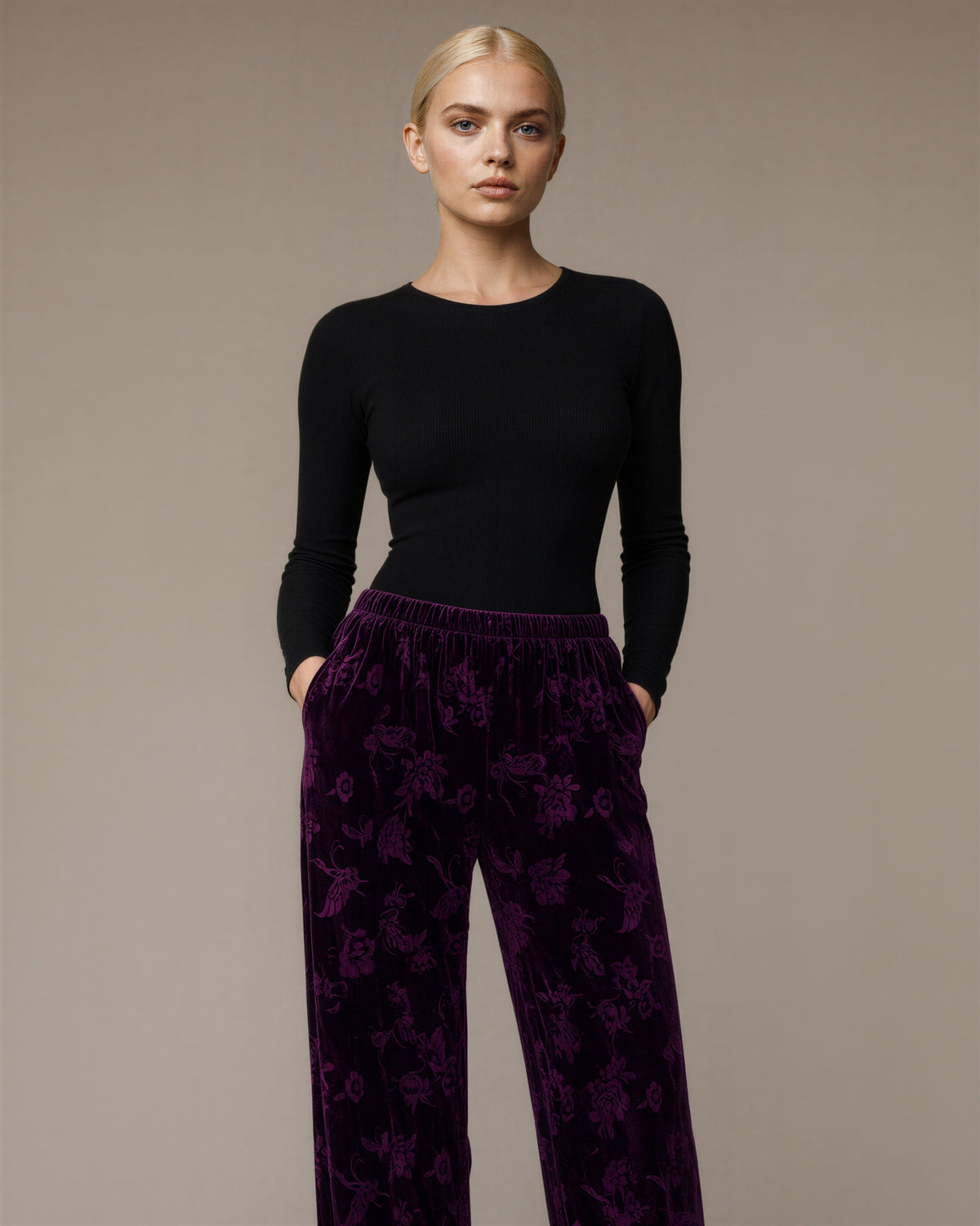 Rosa Floral Jacquard Velvet Wide Leg Trousers, plum, front, hands in pockets