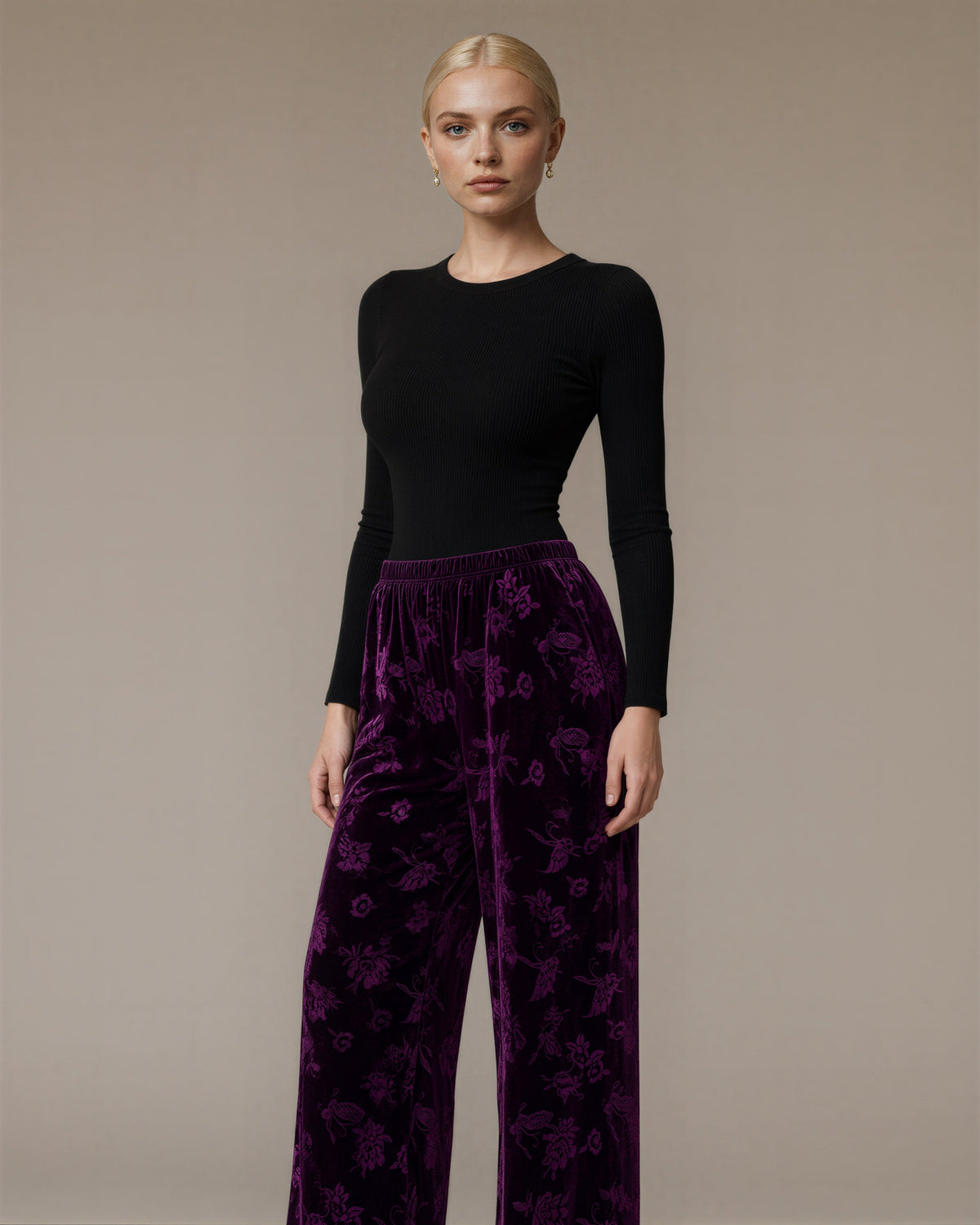 Rosa Floral Jacquard Velvet Wide Leg Trousers, plum, three quarter view