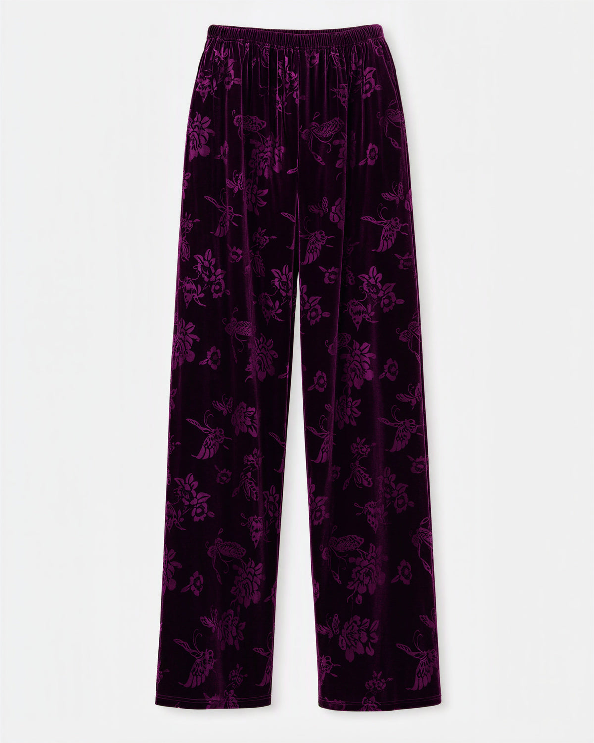 Rosa Floral Jacquard Velvet Wide Leg Trousers, plum, product view without a model