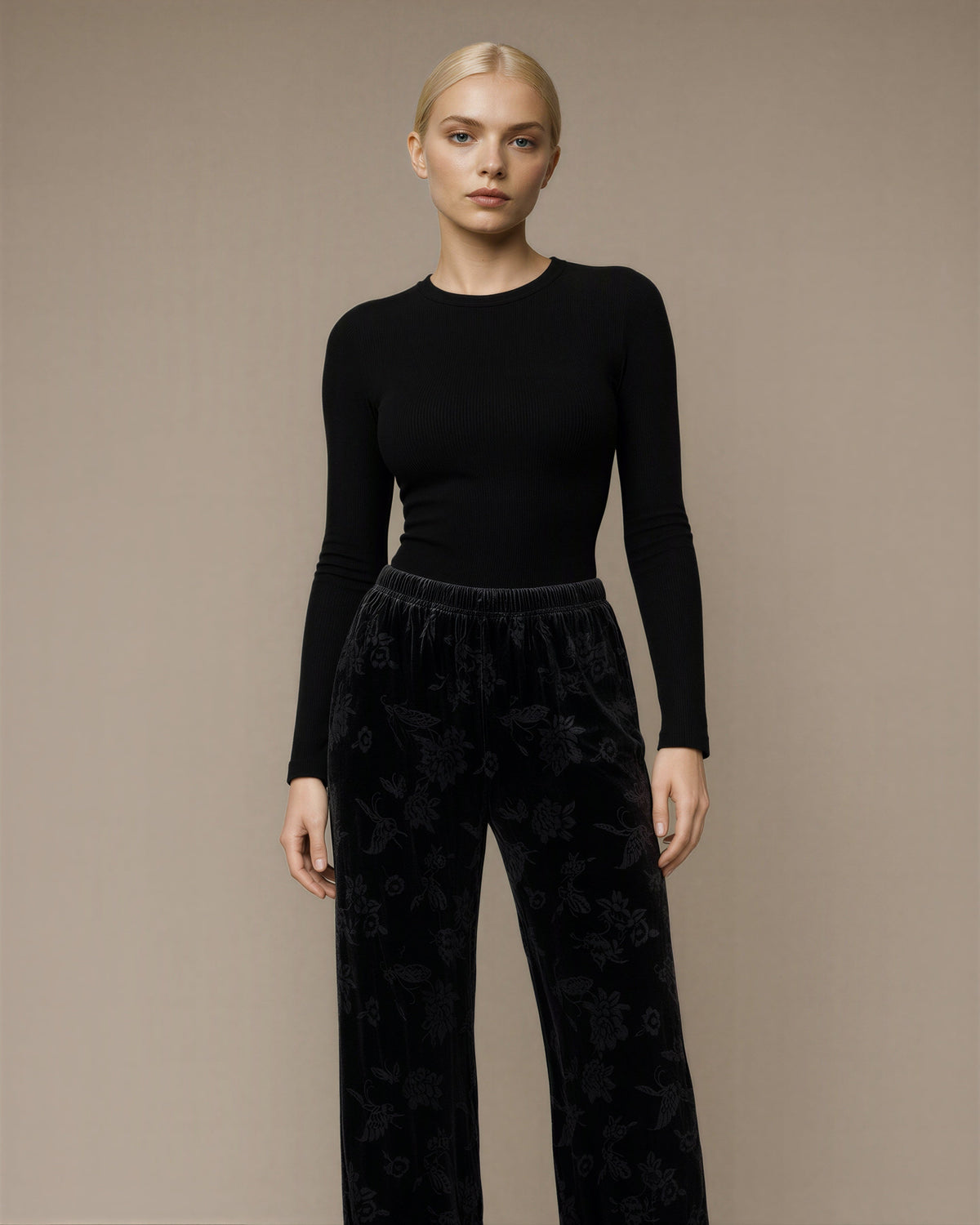 Rosa Floral Jacquard Velvet Wide Leg Trousers, black color option