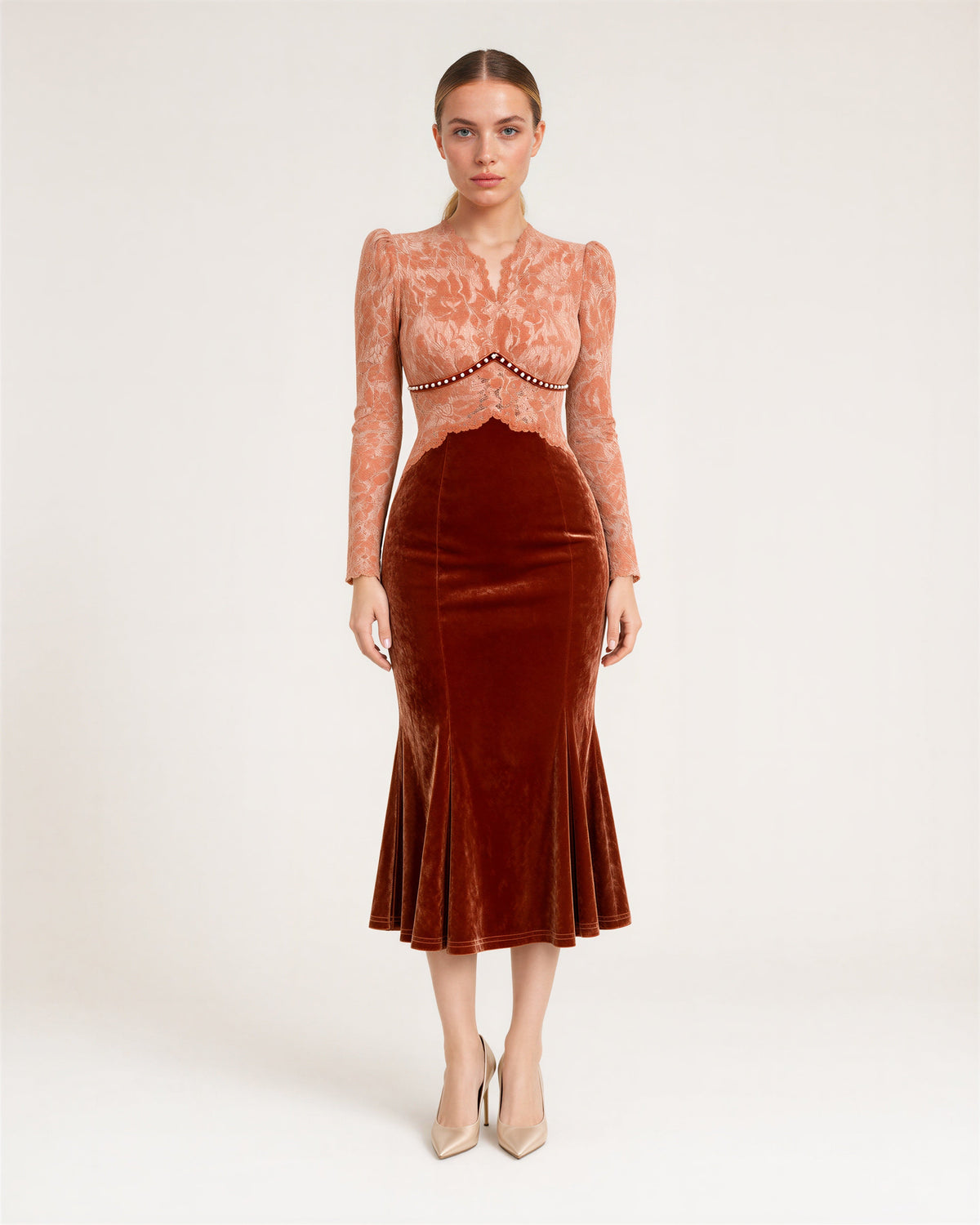 Rosanna Lace Bodice Velvet Fishtail Midi Dress, copper, full length front view