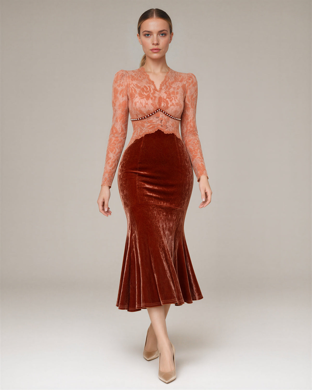 Rosanna Lace Bodice Velvet Fishtail Midi Dress, copper, full length walking view