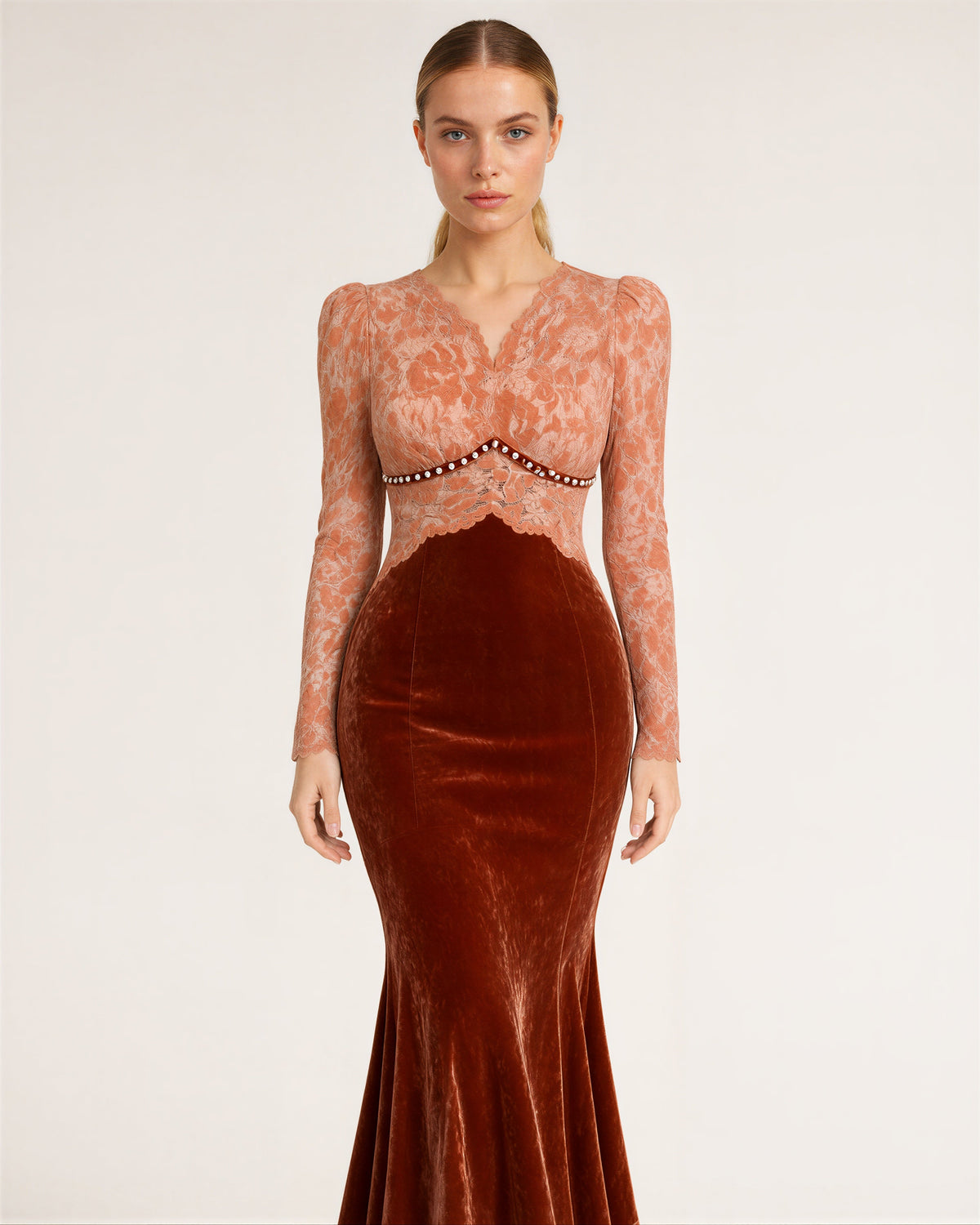 Rosanna Lace Bodice Velvet Fishtail Midi Dress, copper, front view
