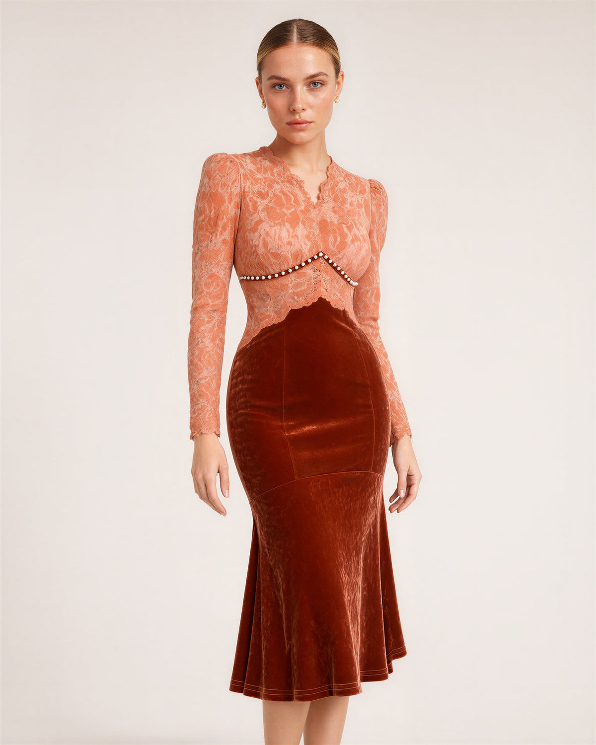 Rosanna Lace Bodice Velvet Fishtail Midi Dress, copper, three quarter view