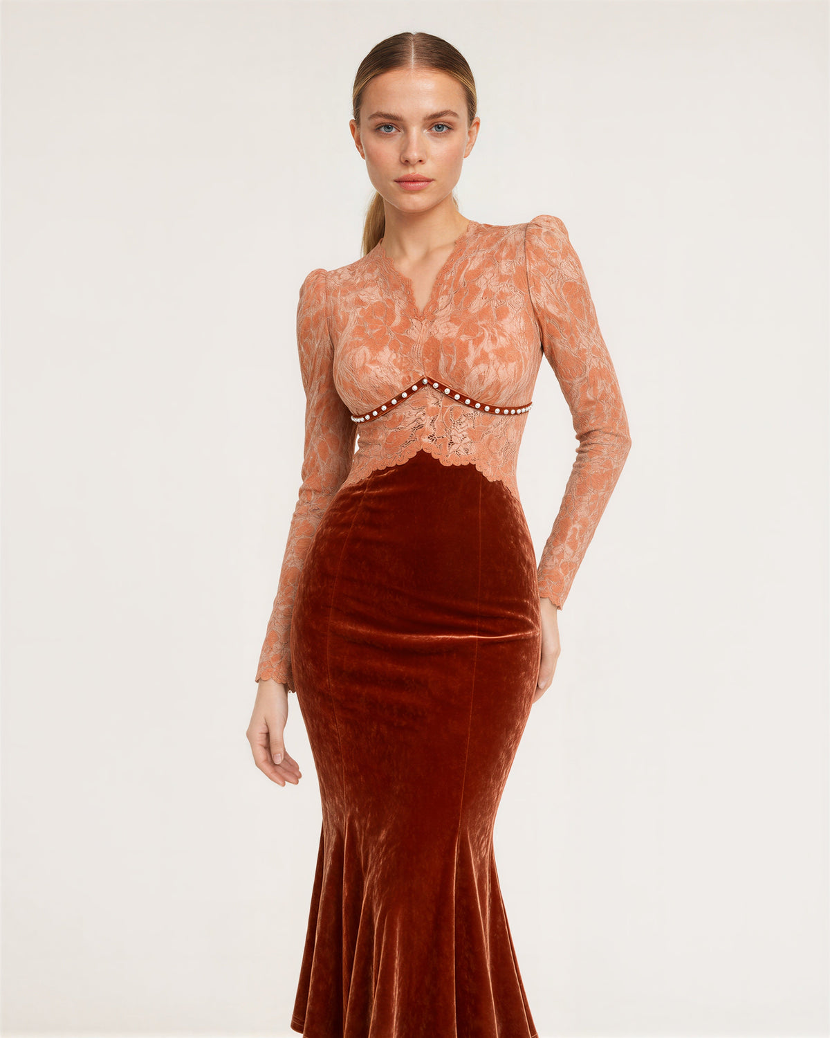 Rosanna Lace Bodice Velvet Fishtail Midi Dress, copper, front, hands on the waist