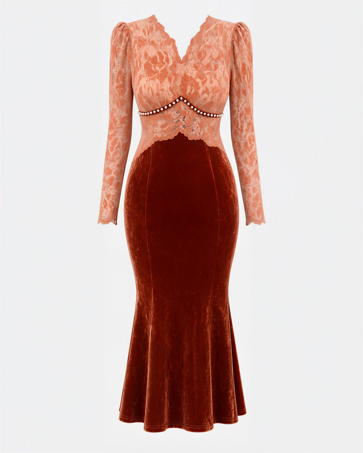 Rosanna Lace Bodice Velvet Fishtail Midi Dress, copper, product view without a model