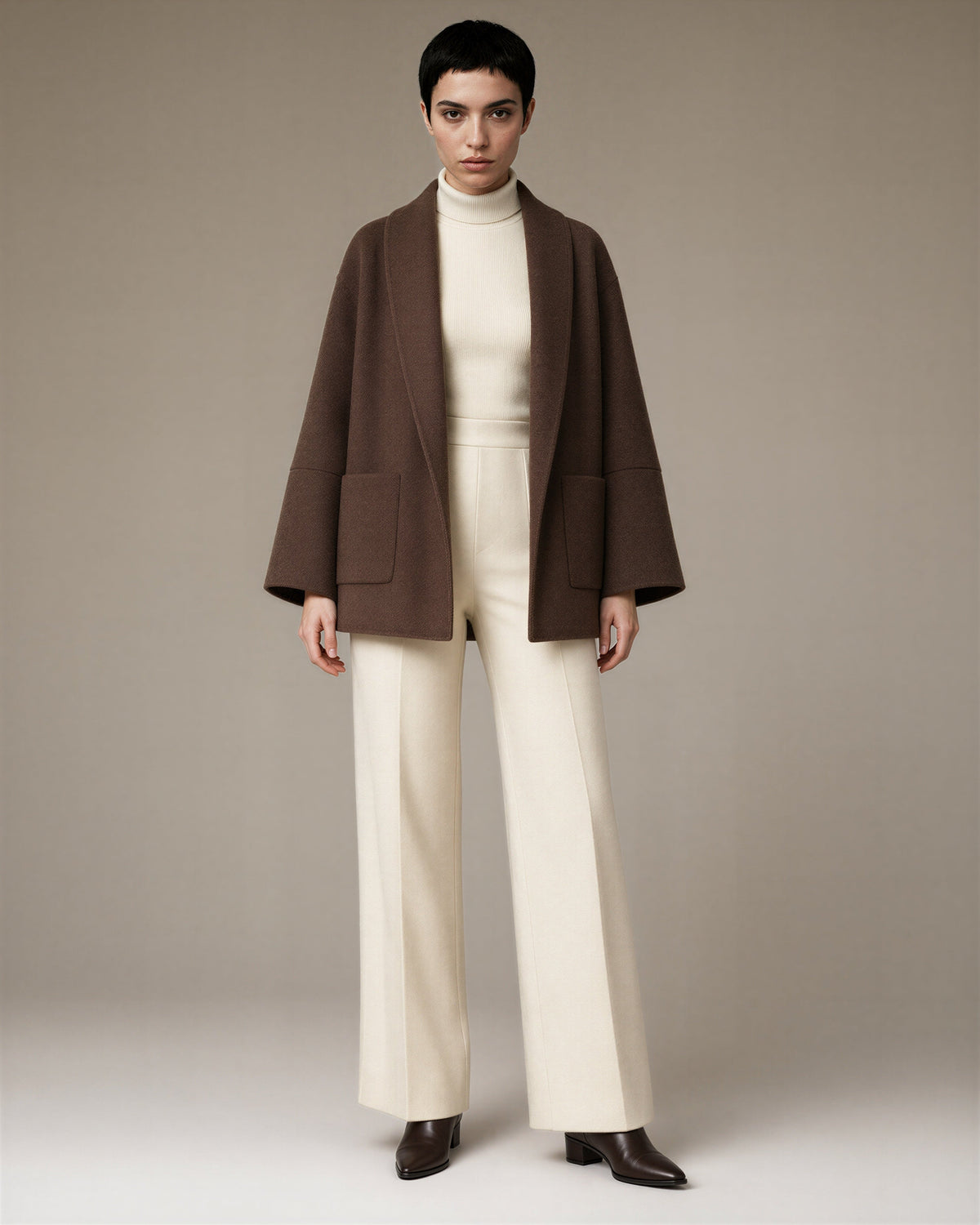 Rosaria Shawl Collar Oversized Cropped Coat, brown, full length front view