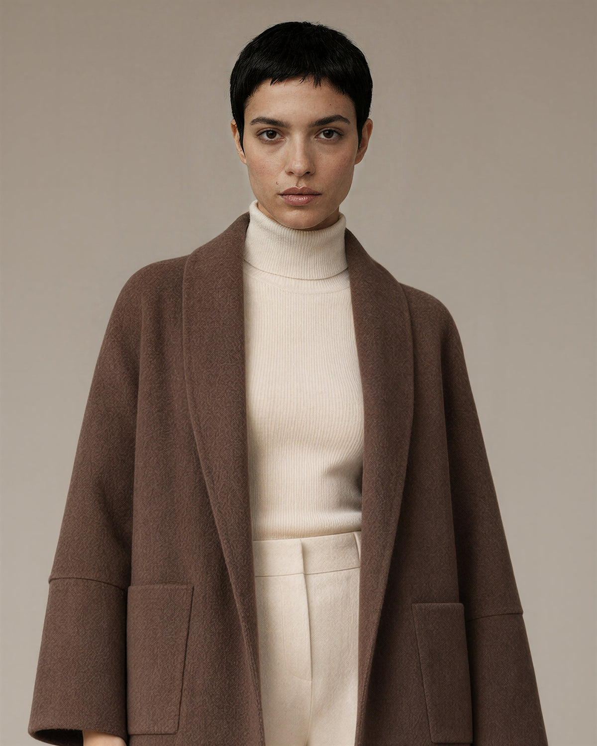 Rosaria Shawl Collar Oversized Cropped Coat, brown, close up above the waist