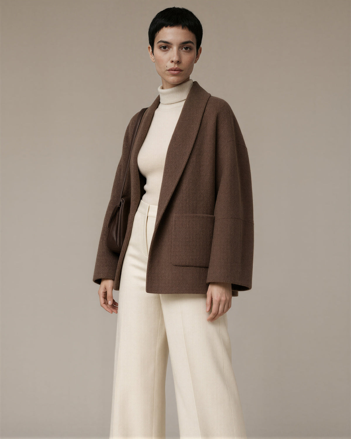 Rosaria Shawl Collar Oversized Cropped Coat, brown, three quarter view