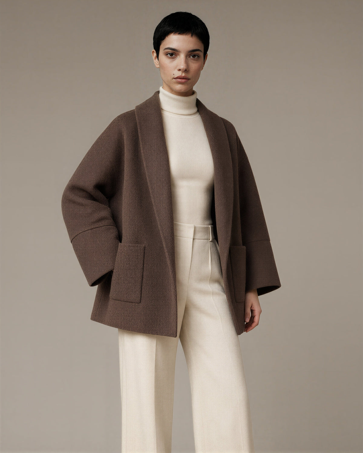 Rosaria Shawl Collar Oversized Cropped Coat, brown, front, hands on the waist