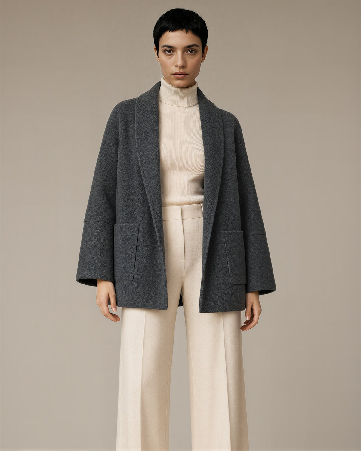 Rosaria Shawl Collar Oversized Cropped Coat, charcoal color option