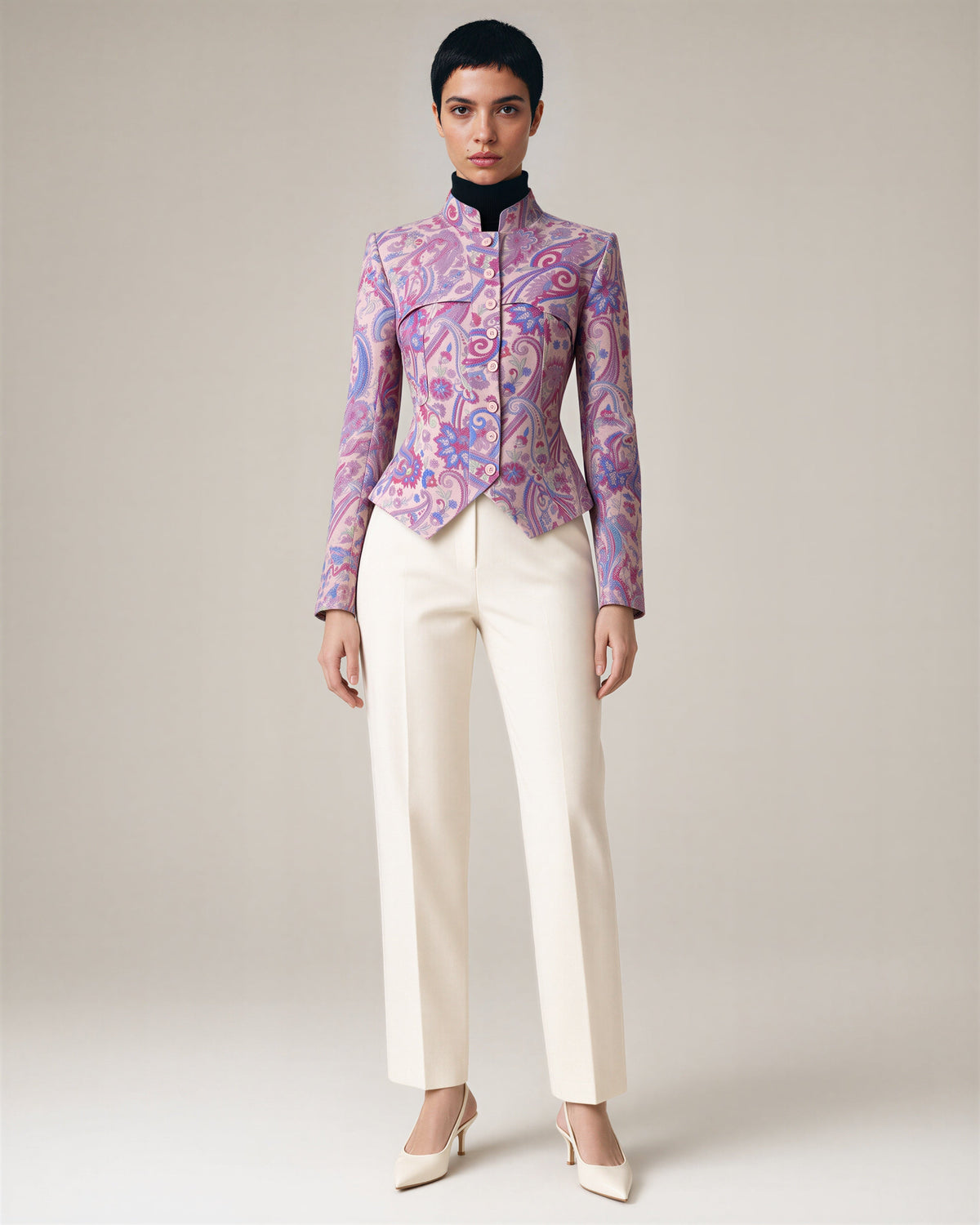 Rosetta Paisley Mandarin Collar Blazer, powder pink, full length front view
