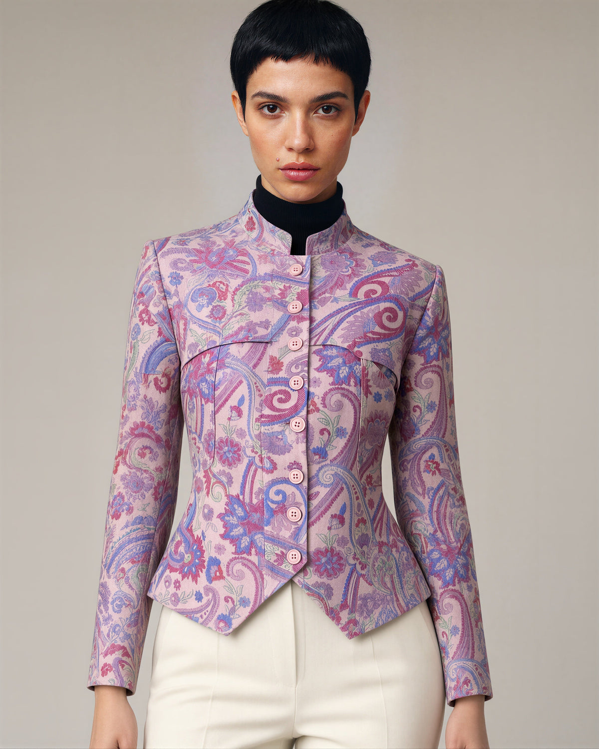 Rosetta Paisley Mandarin Collar Blazer, powder pink, close up above the waist