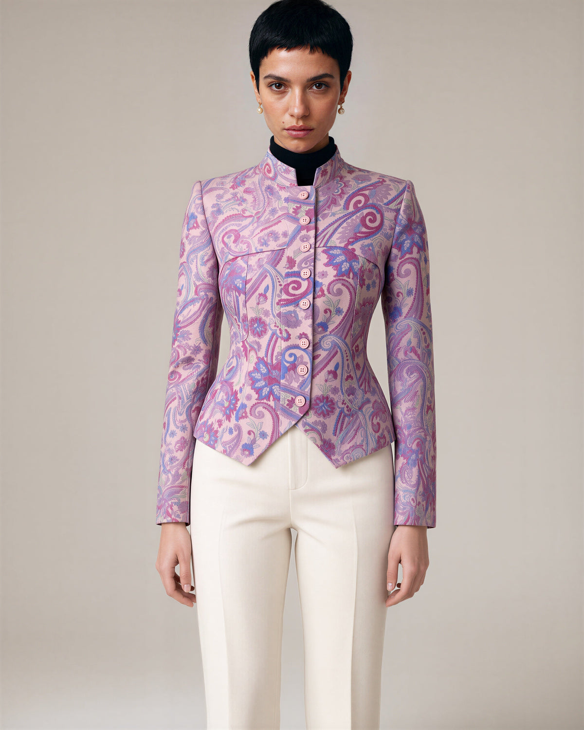 Rosetta Paisley Mandarin Collar Blazer, powder pink, three quarter view