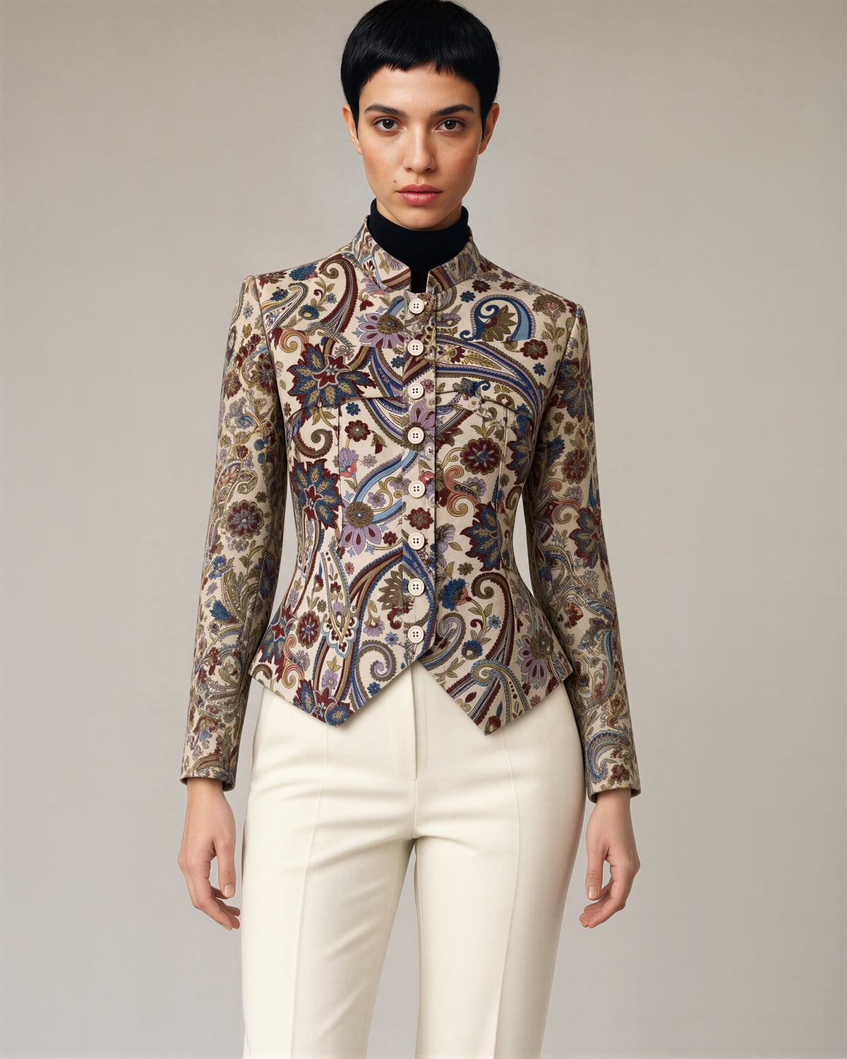 Rosetta Paisley Mandarin Collar Blazer, beige color option
