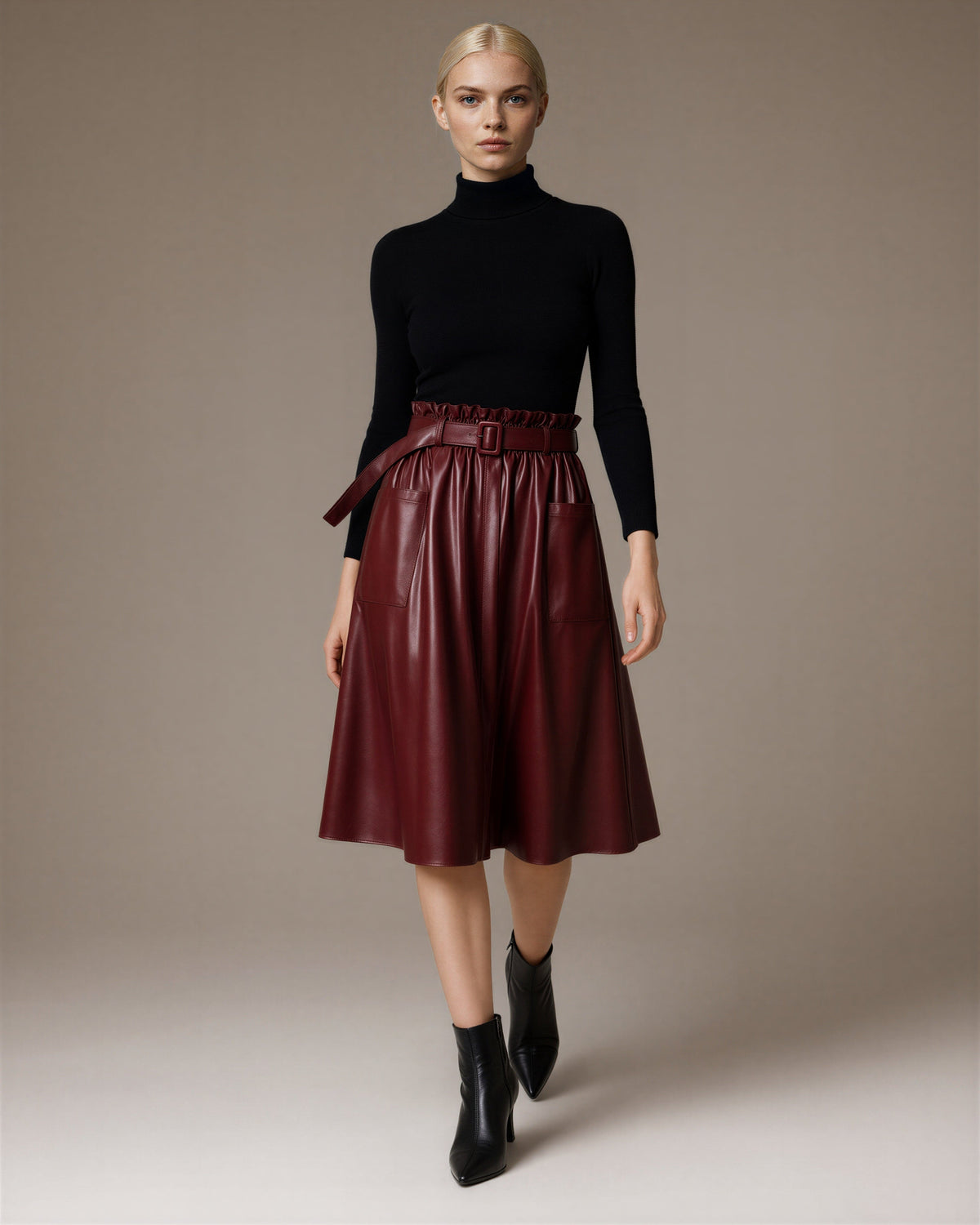 Rossana Belted Faux Leather A Line Midi Skirt, burgundy, full length walking view