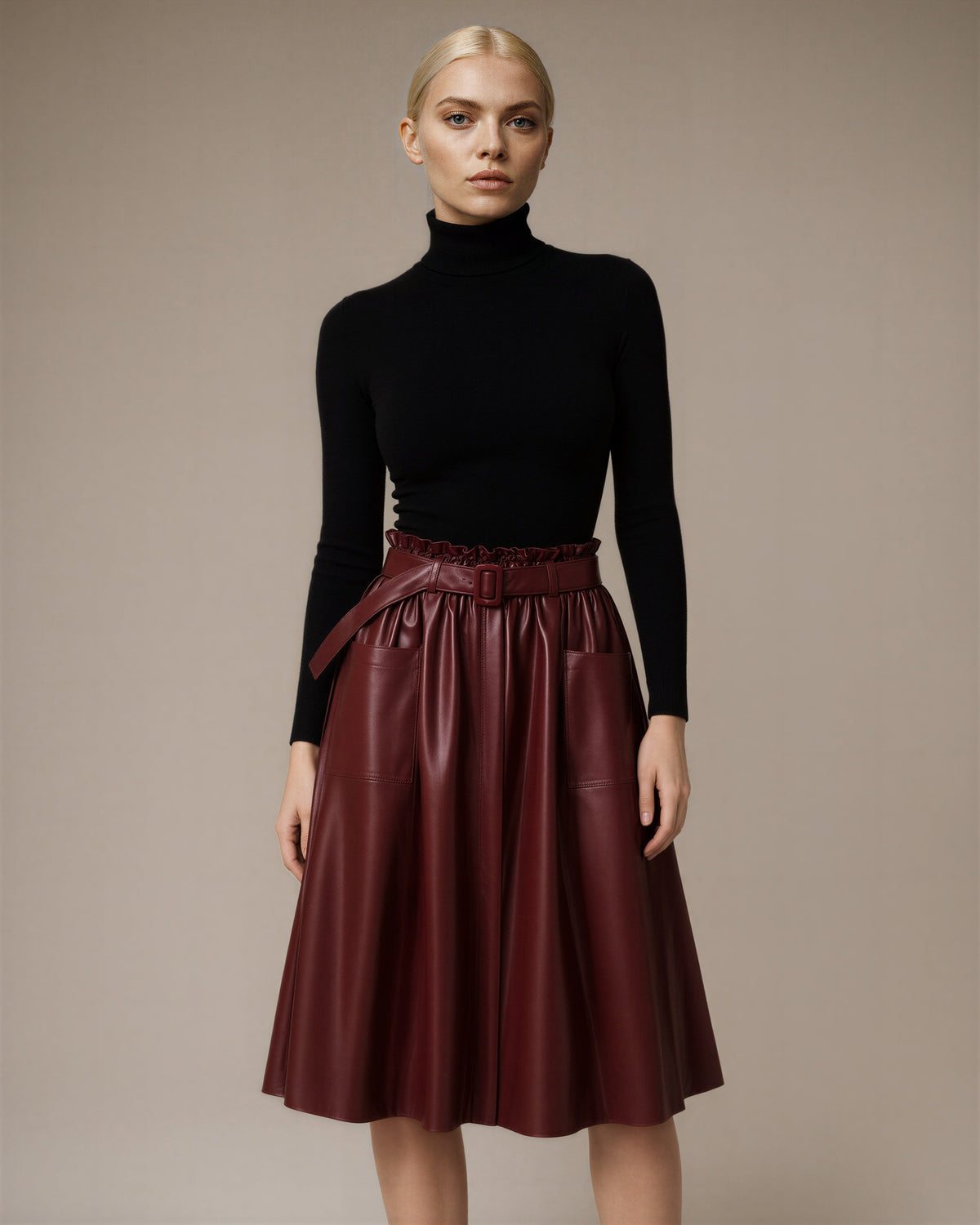Rossana Belted Faux Leather A Line Midi Skirt, burgundy, front view
